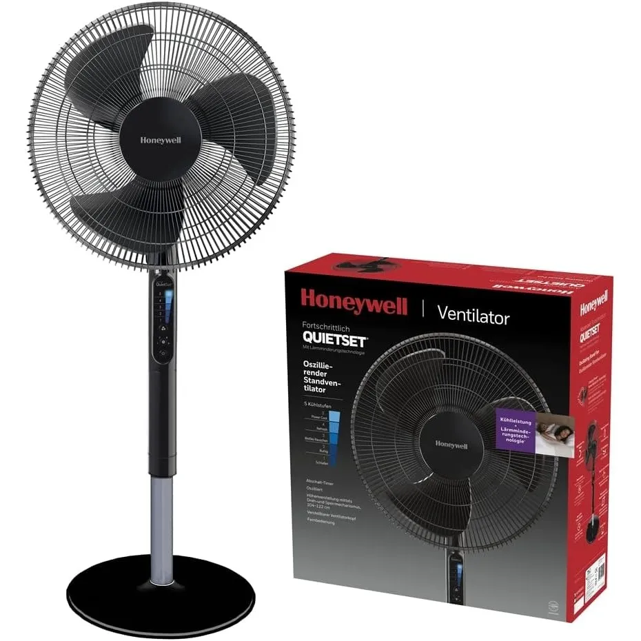 Honeywell Advanced QuietSet Oszillierender Standventilator (5 Geschwindigkeitseinstellungen, Timer-Funktion, Oszillatio…