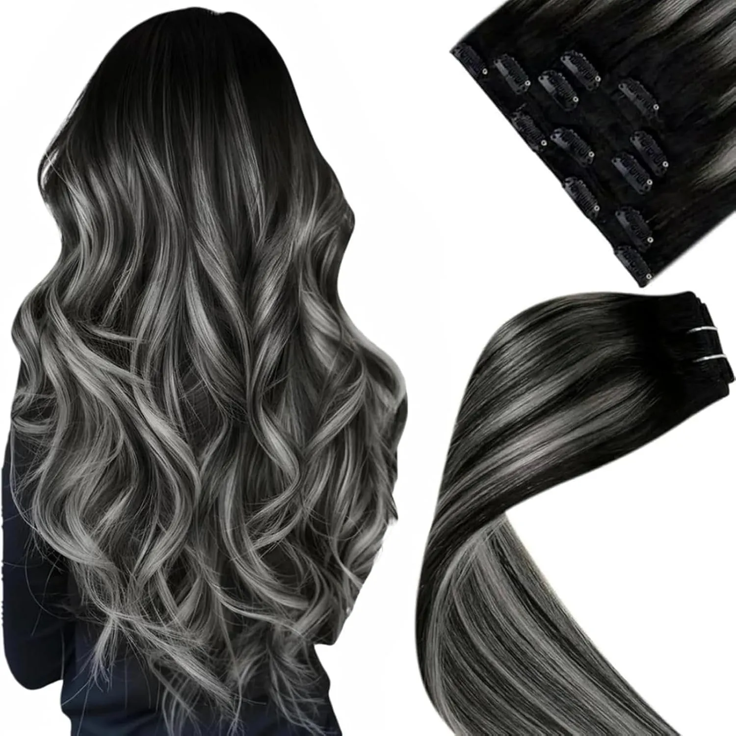 LaaVoo Clip Echthaar Extensions Schwarz Ombre Silber Extenisons Clip in Haarverlängerung Glatt Remy Echthaar Extensions…