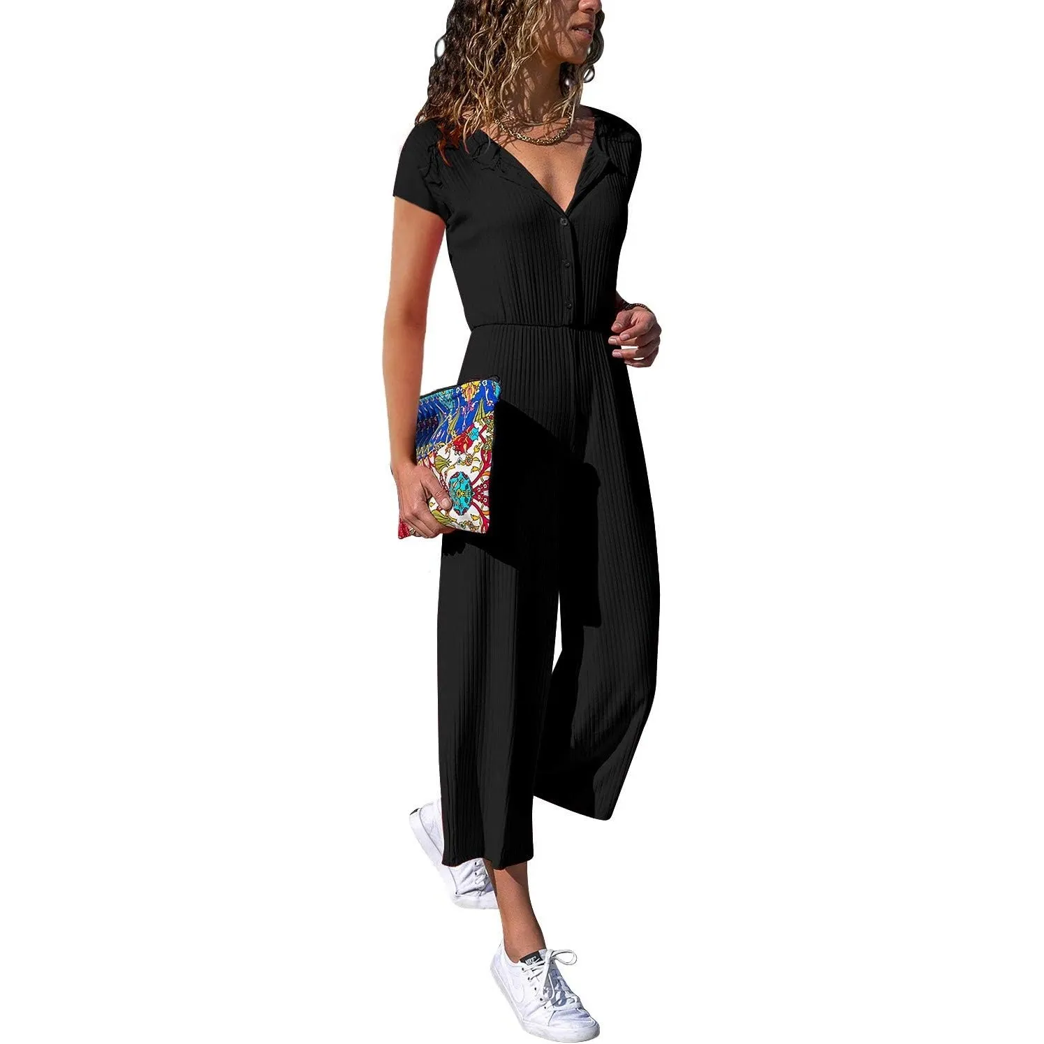 Cassiecy Jumpsuit Damen Elegant Kurzarm Playsuit V-Ausschnitt Casual Lose Overalls Lang Romper