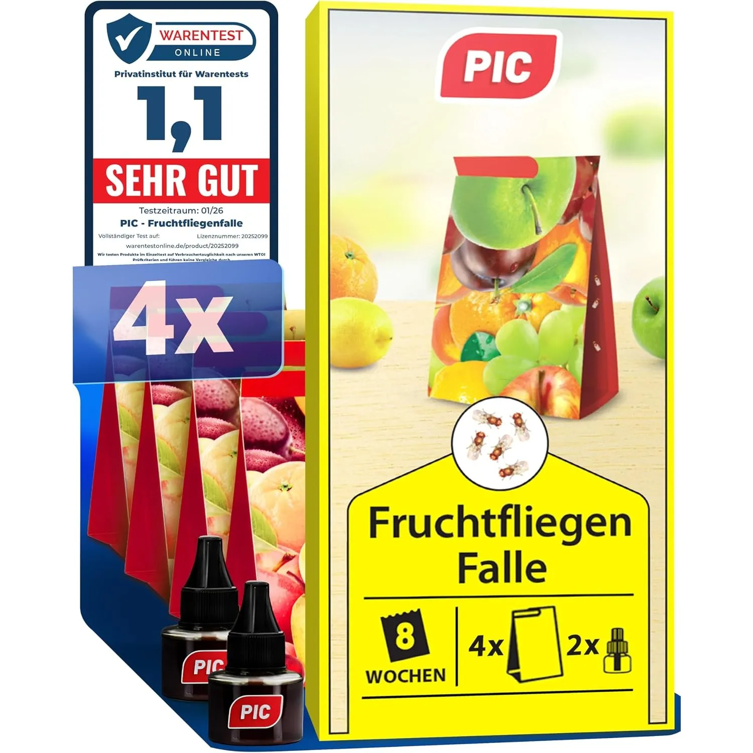 PIC Fruchtfliegenfalle Küche, 4 Klebefallen 2 Lockstoffe, Obstfliegenfalle