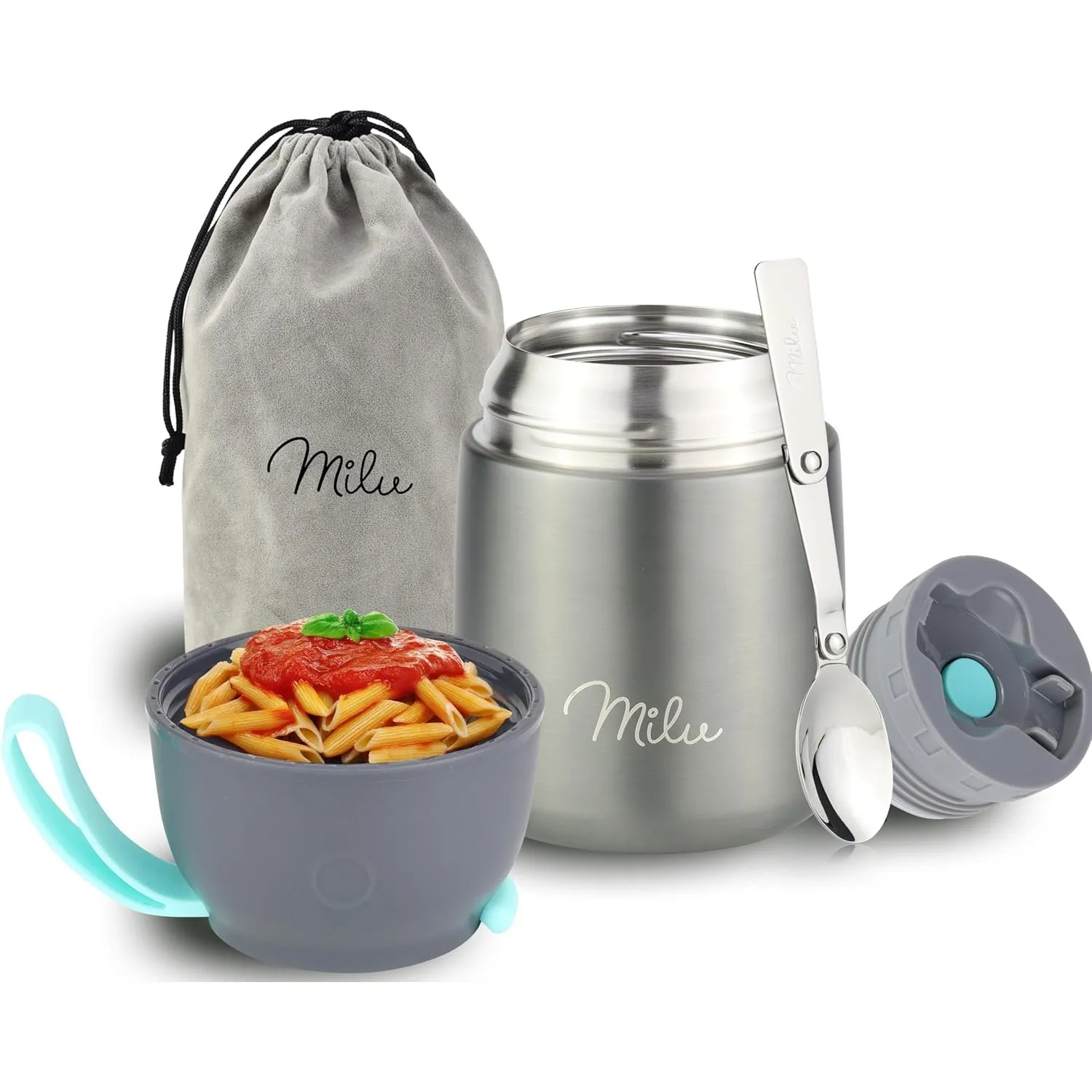 Milu® Thermobehälter für Essen 450ml, Edelstahl Warmhaltebehälter mit Löffel, Thermobecher Essen, Thermo Lunchbox für K…
