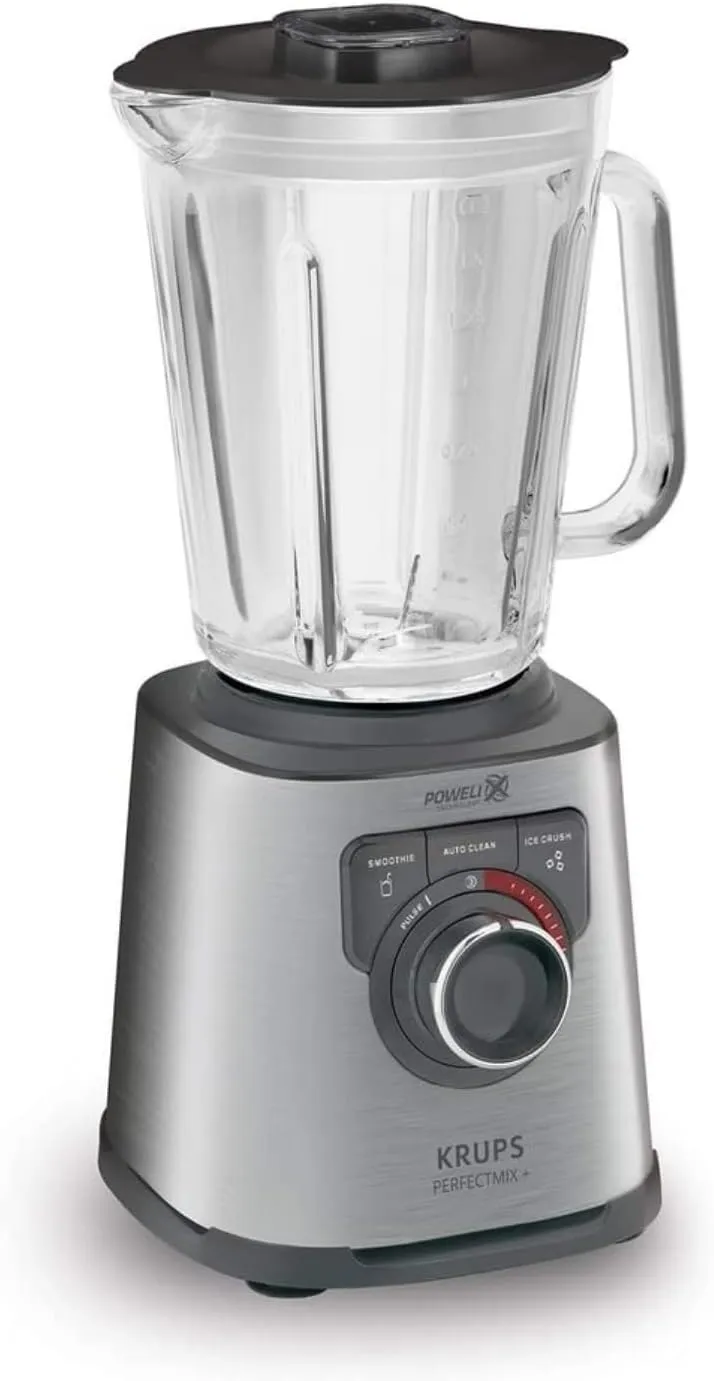 Krups KB403D Perfectmix + Hochleistungsstandmixer, 1.200W, 28.000 UpM, 2L Glasbehälter, 3 voreingestellte Programme, Powelix- Technologie, Edelstahl/Dunkelgrau