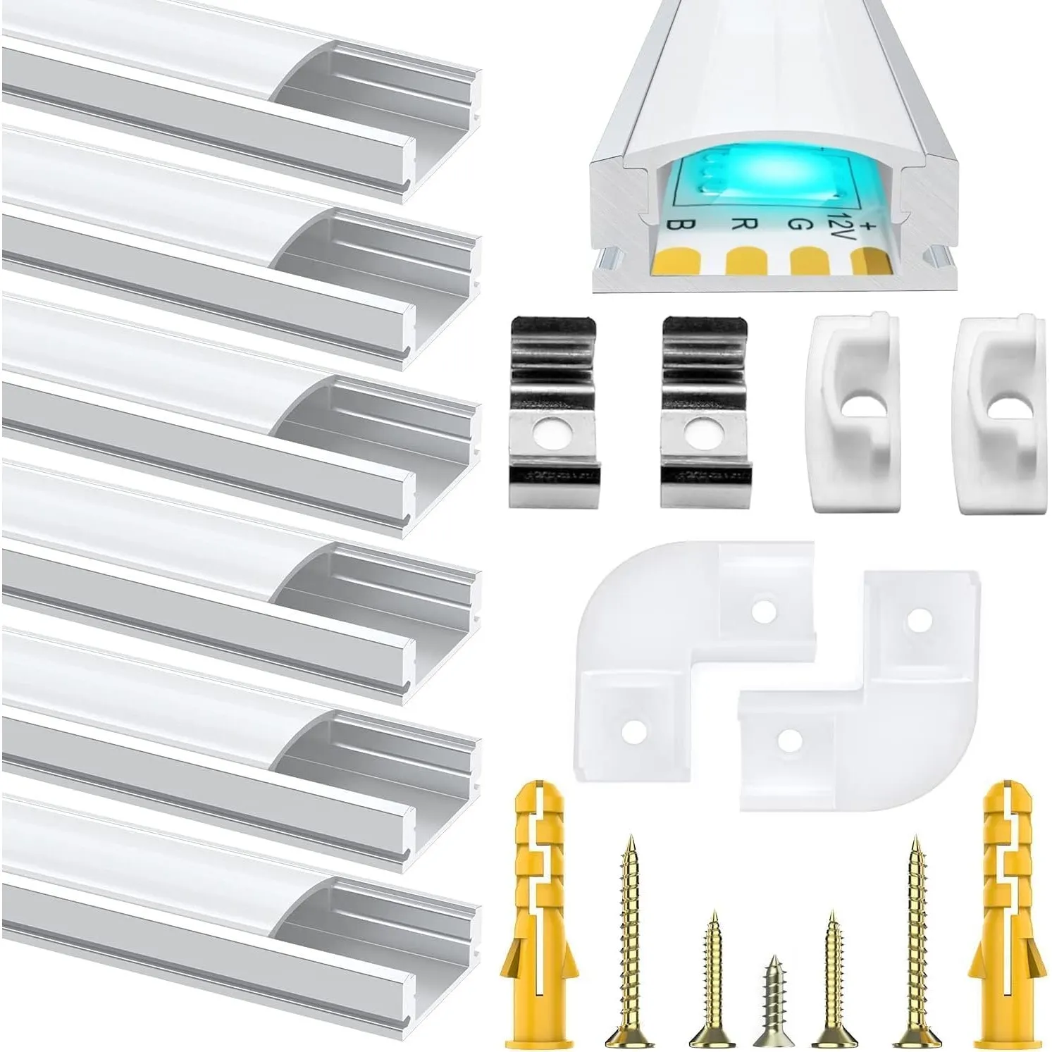Chesbung LED Aluminium Profil 6er Set 1m U-Form für LED Streifen bis 12mm mit Abdeckung in Milchweiß + Endkappen und Mo…