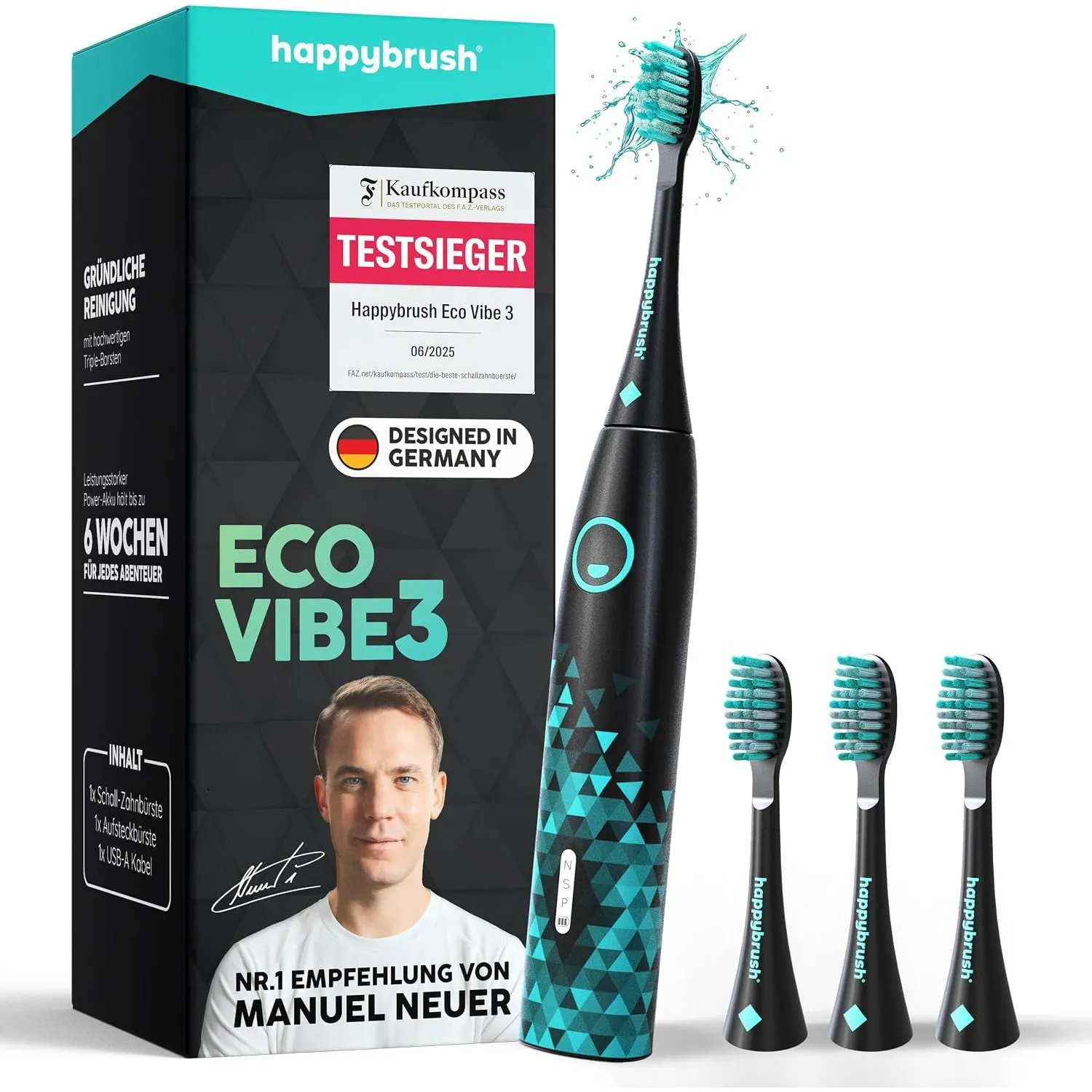 happybrush Eco Vibe 3 Schallzahnbürste – Testsieger* – Elektrische Zahnbürste mit 6 Wochen Akku – 100% recyceltes Gehäu…