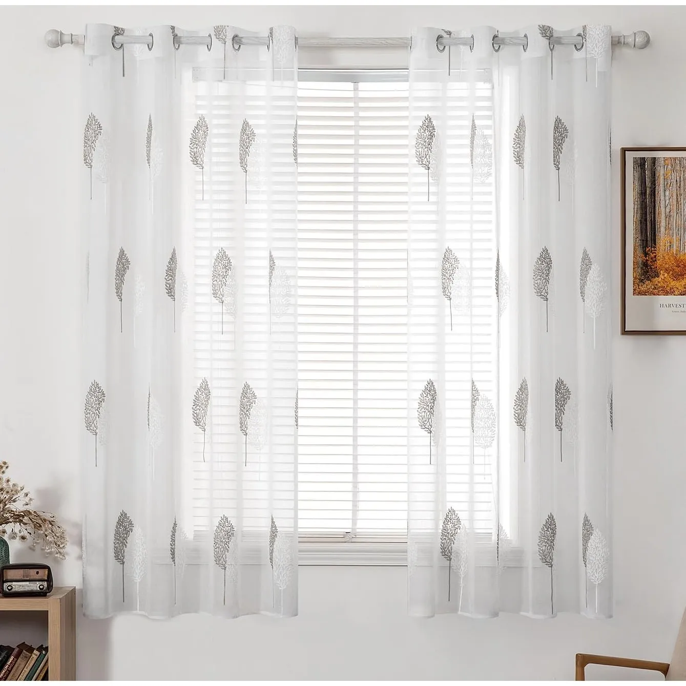 MIULEE Kurz Gardinen mit Grau und Weiss Blätter Muster 2er Set 140x145cm