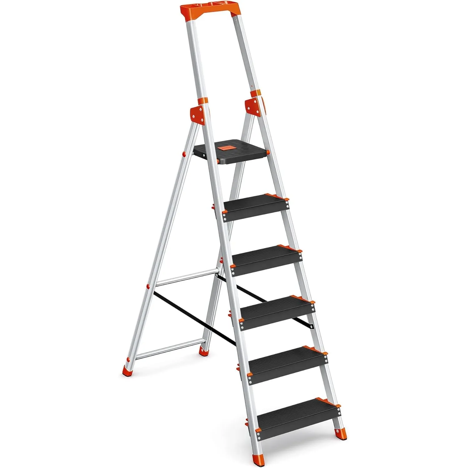 SONGMICS Aluleiter mit 6 Stufen, mit Handlauf, Werkzeugschale