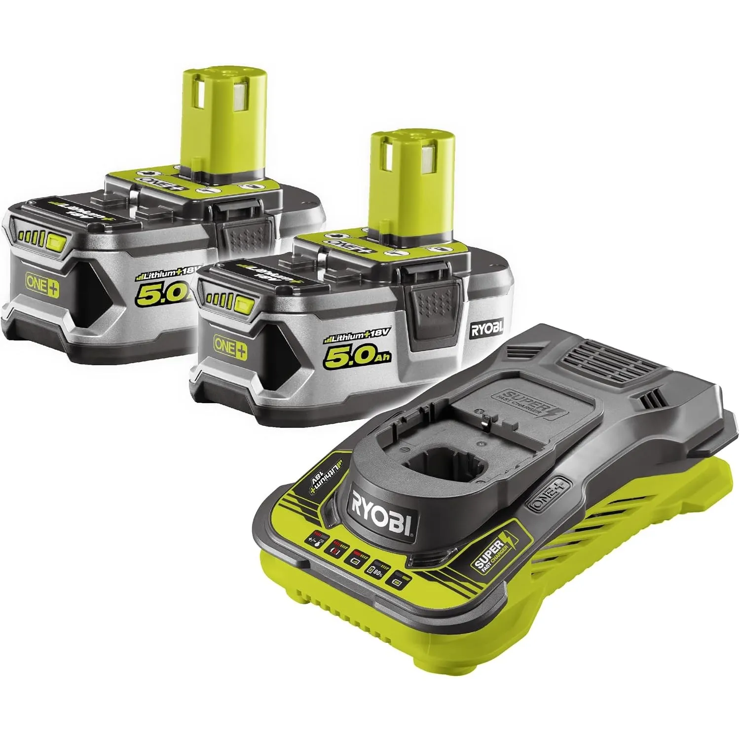 Ryobi 18 V ONE+ Akku-Starterset mit 2 High Energy 5,0 Ah Akkus, Lithium-Ionen, Ladegerät, Grün