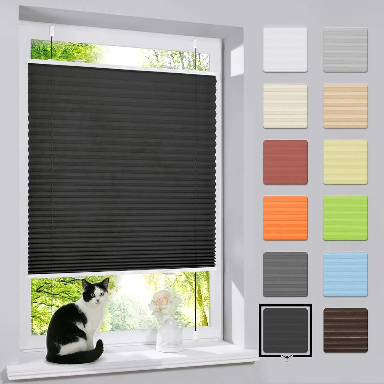 bobodeco Plissee ohne Bohren Klemmfix Faltrollo Jalousie Schwarz 100x130cm (BxH), Plisseerollo Sichtschutz und Sonnensc…