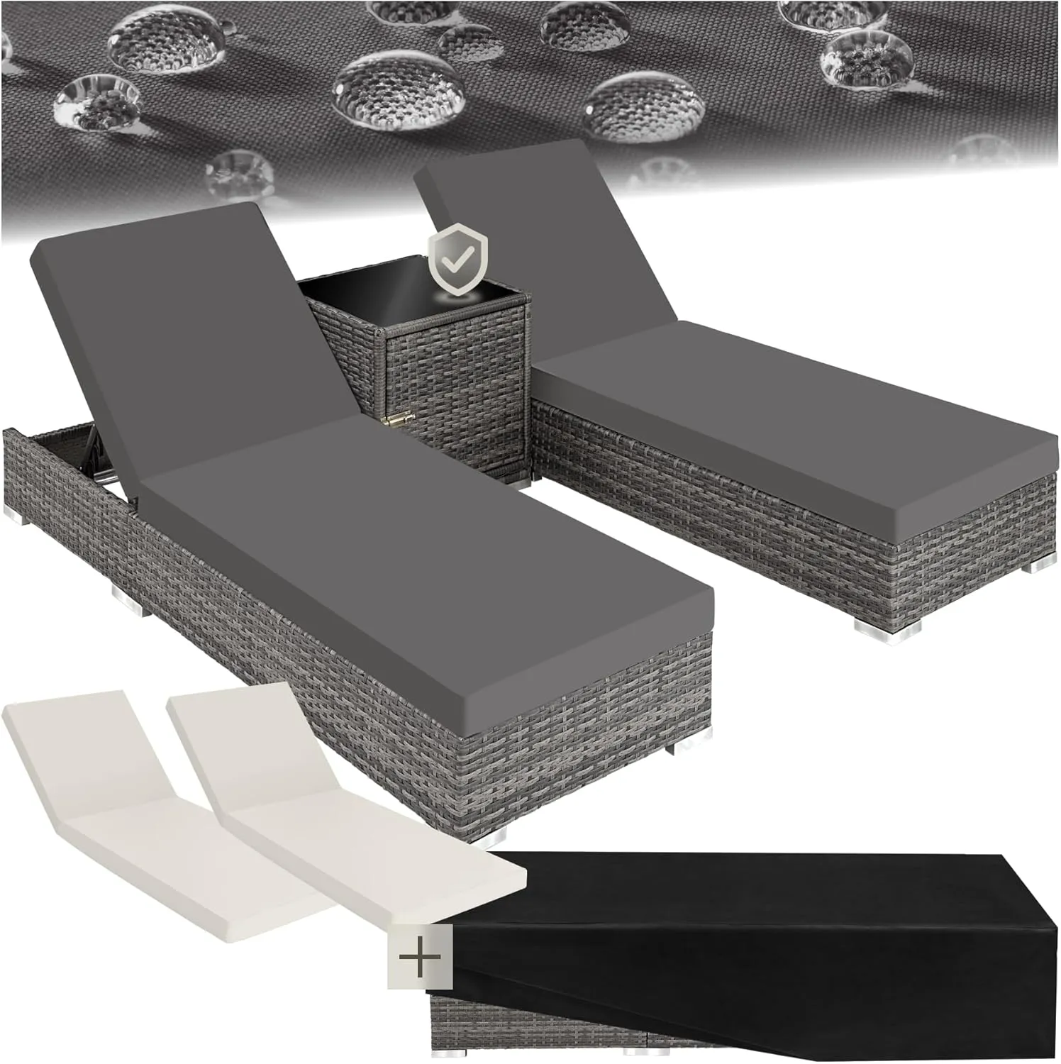 TecTake 403088 Set of 2 Aluminium Polyrattan Sun Lounger + Table incl. Protective covers and 2 cover sets, stainless st…