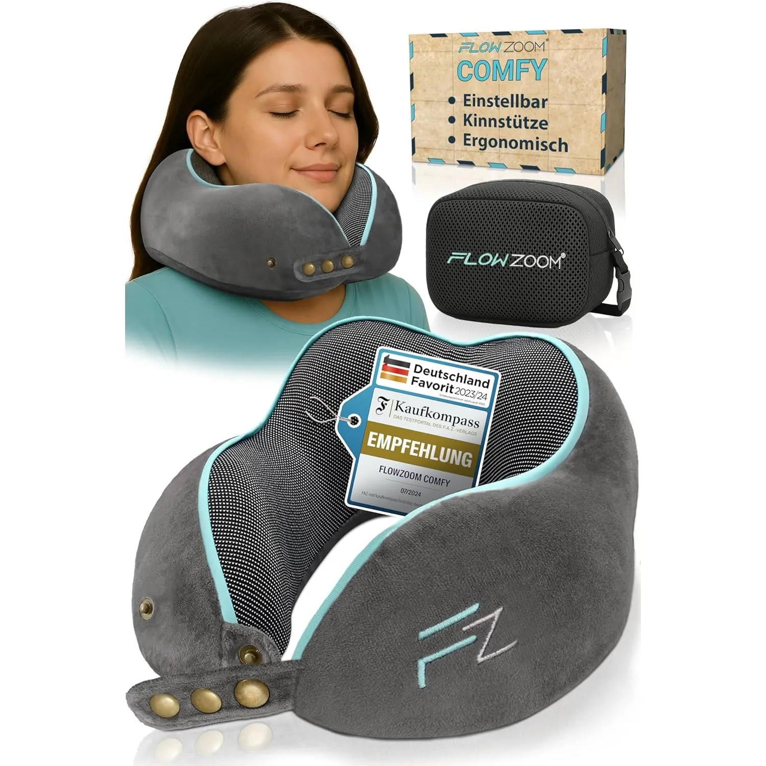 FLOWZOOM Comfy Nackenkissen Flugzeug & Auto - Einstellbares Memory Foam Reisekissen mit flexiblen Druckknöpfen für 360°…