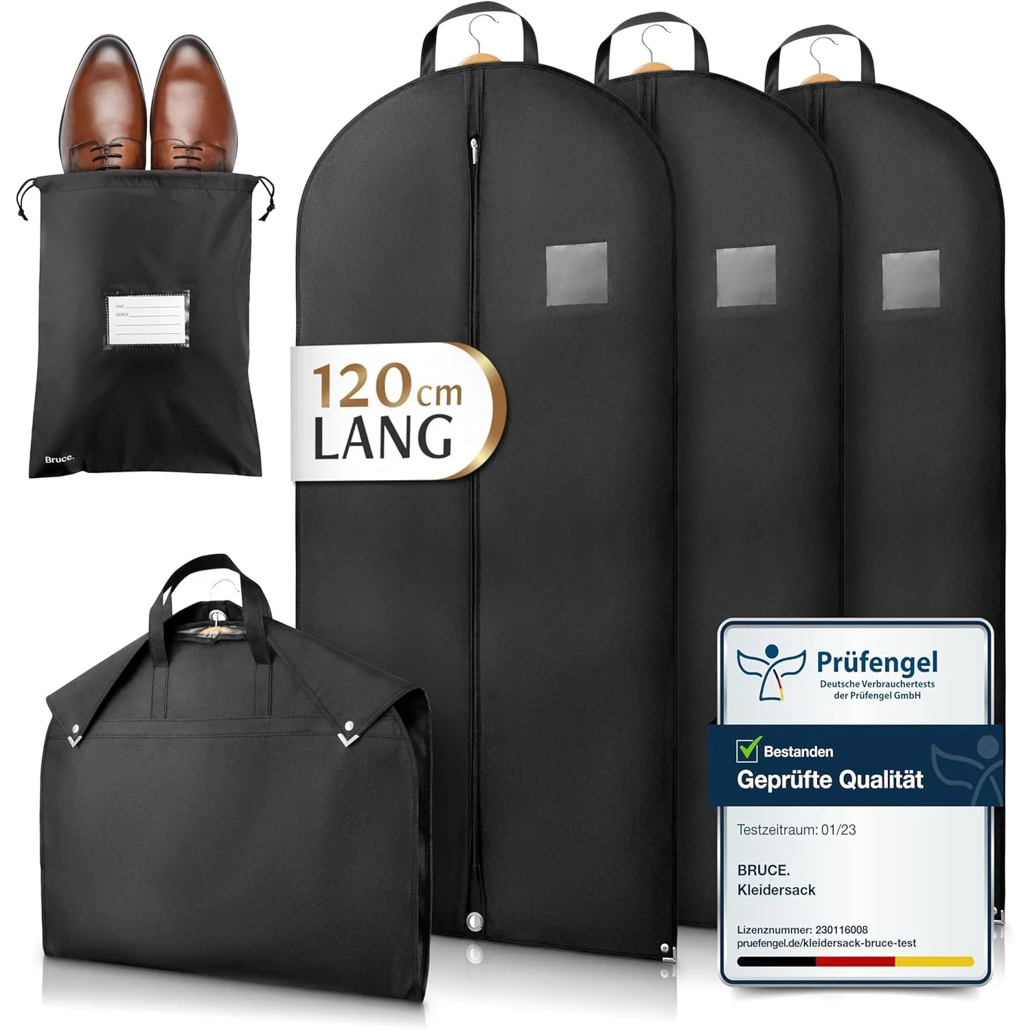 Bruce.® 3x Kleidersack Kurz 120x60 cm inkl. 1x Schuhbeutel – 120 GSM Hochwertige Kleiderhülle für Anzug, Blazer, Kostüm…
