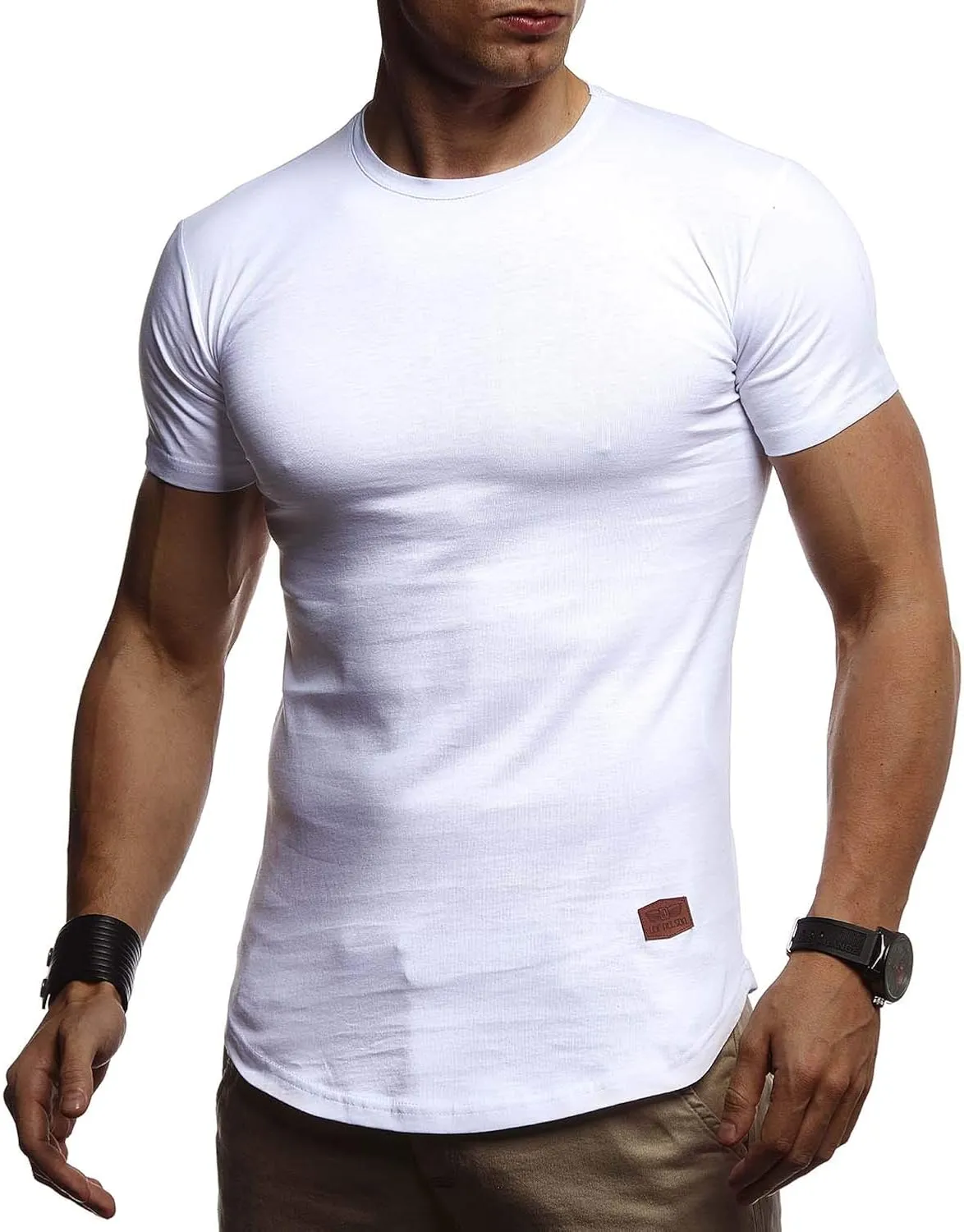 Leif Nelson Men's Summer T-Shirt, Crew Neck, Slim Fit, Cotton Ratio, Cool White Black Basic Men's T-Shirt, Crew Neck, B…