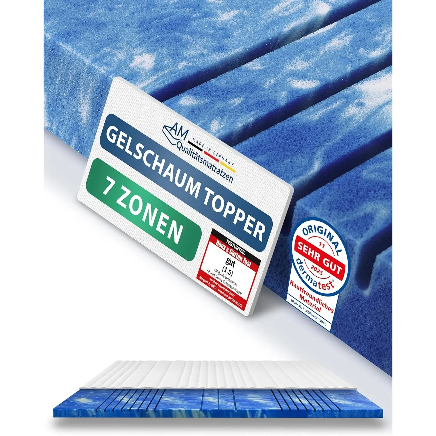 AM Qualitätsmatratzen 7 Zonen Deluxe Gel Topper 180x200cm RG50 - Made in Germany - Atmungsaktiver Gelschaum Topper 180x…