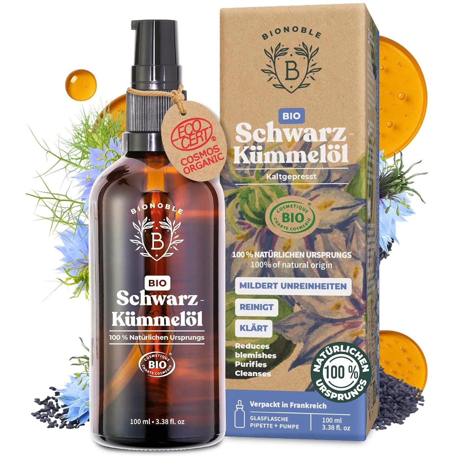 BIONOBLE Schwarzkümmelöl Bio Kaltgepresst - Haare, Gesicht, Haut - 100ml