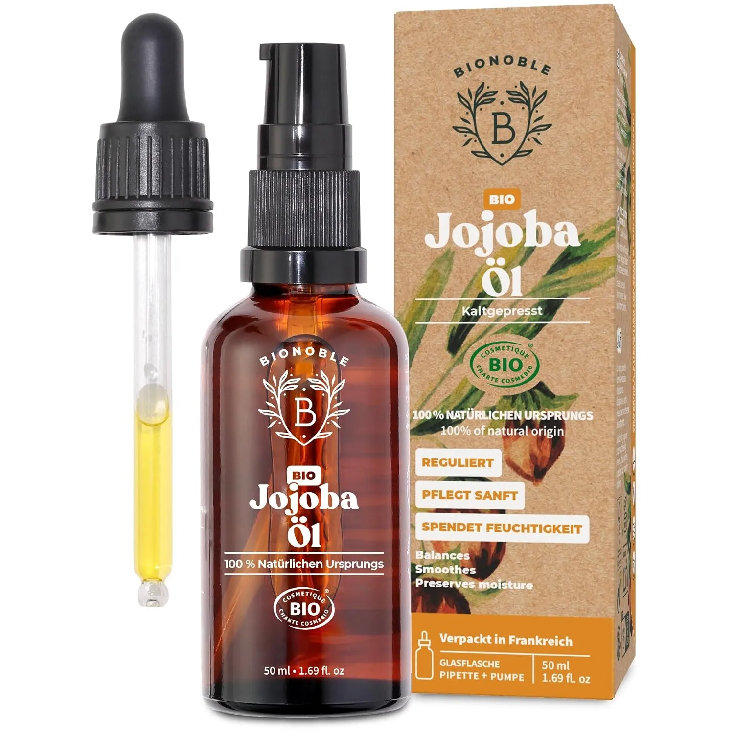 BIONOBLE Jojobaöl Bio Kaltgepresst - Haare, Gesicht, Körper, Bart - 50ml