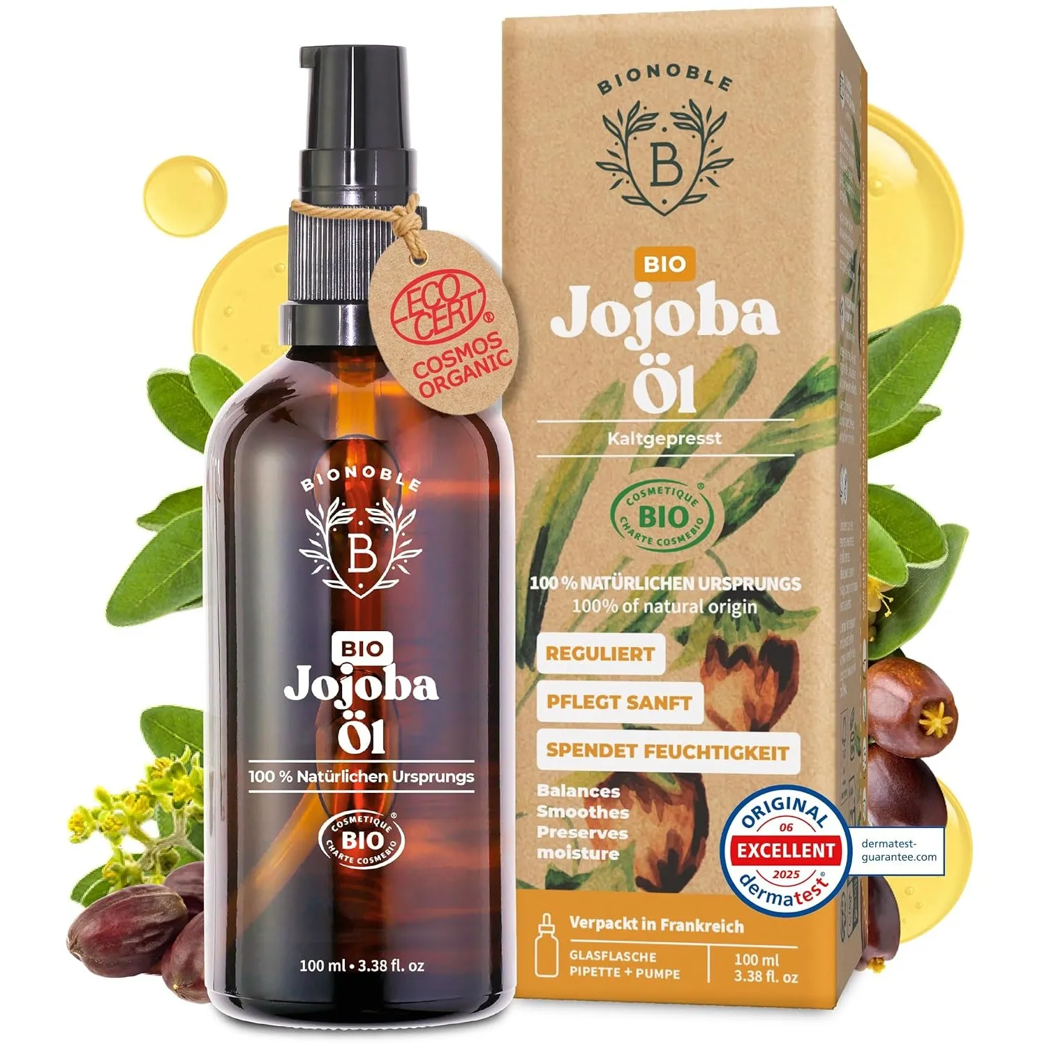 BIONOBLE Jojobaöl Bio Kaltgepresst - Haare, Gesicht, Körper, Bart - 100ml