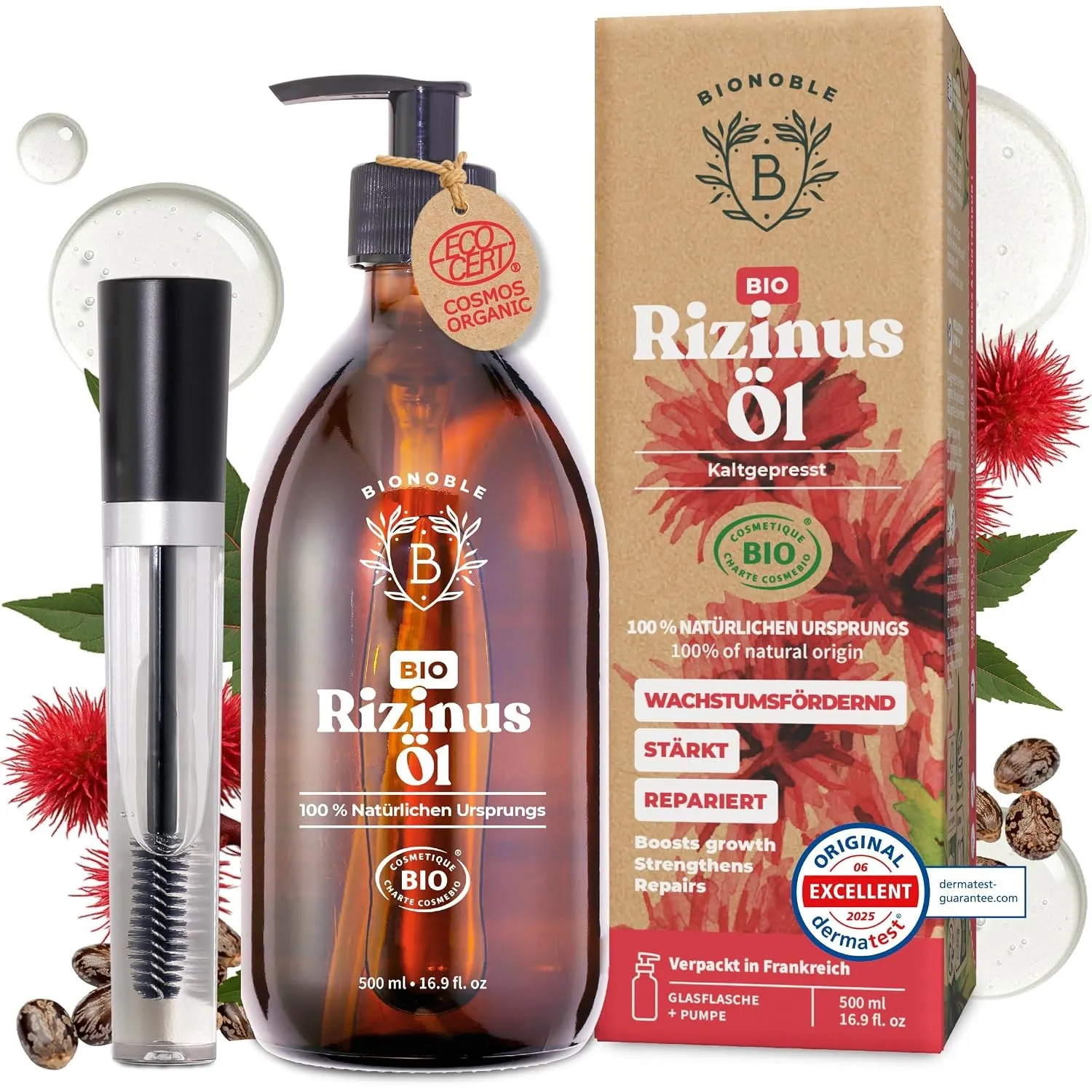 BIONOBLE Rizinusöl Kaltgepresst Bio + Mascara-Kit - Wimpern, Haare - 500ml