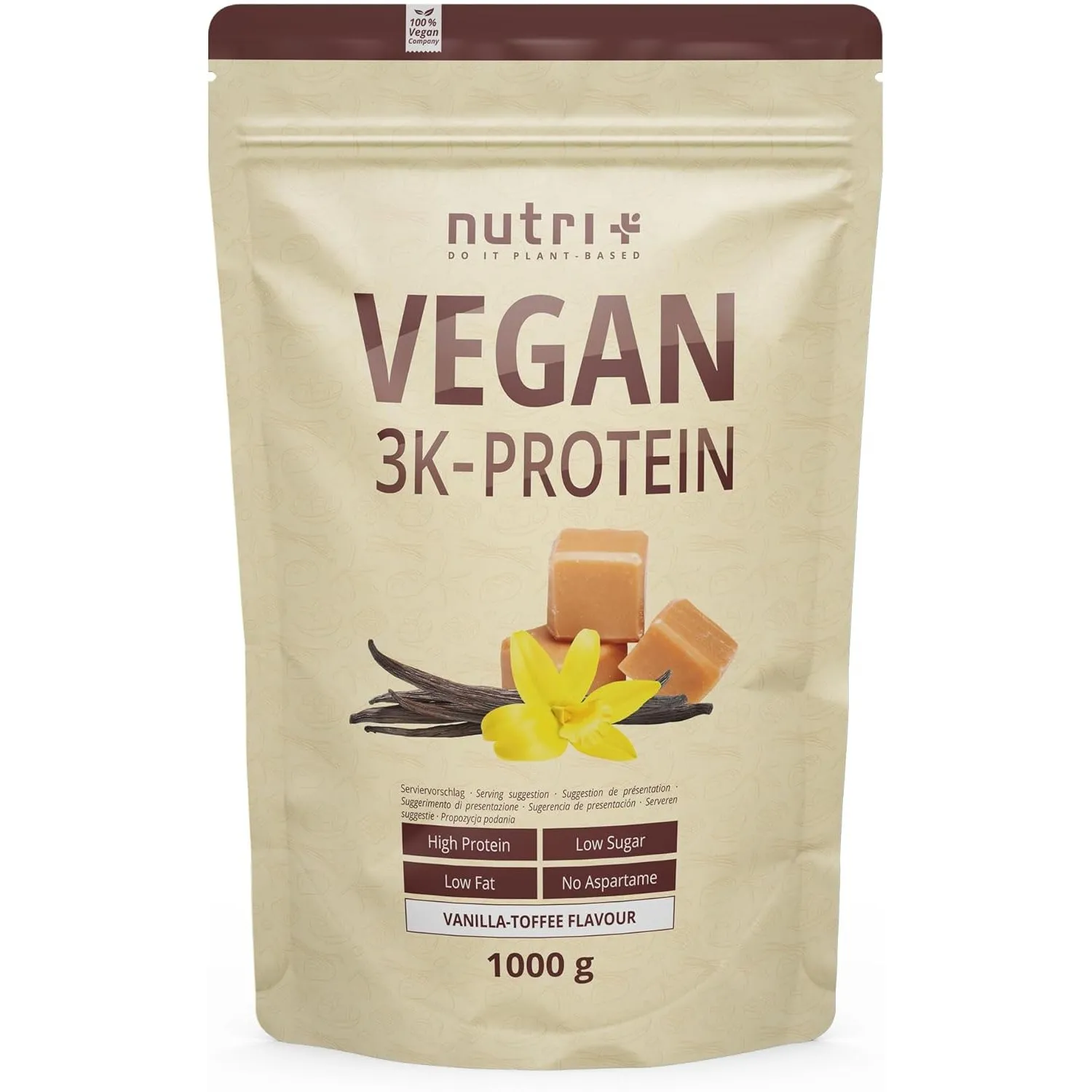 Nutri + Protein Pulver Vegan Vanilla Toffee 1 kg - 80% Eiweiß - 3k Proteinpulver Vanille Karamell - Eiweißpulver Low Su…