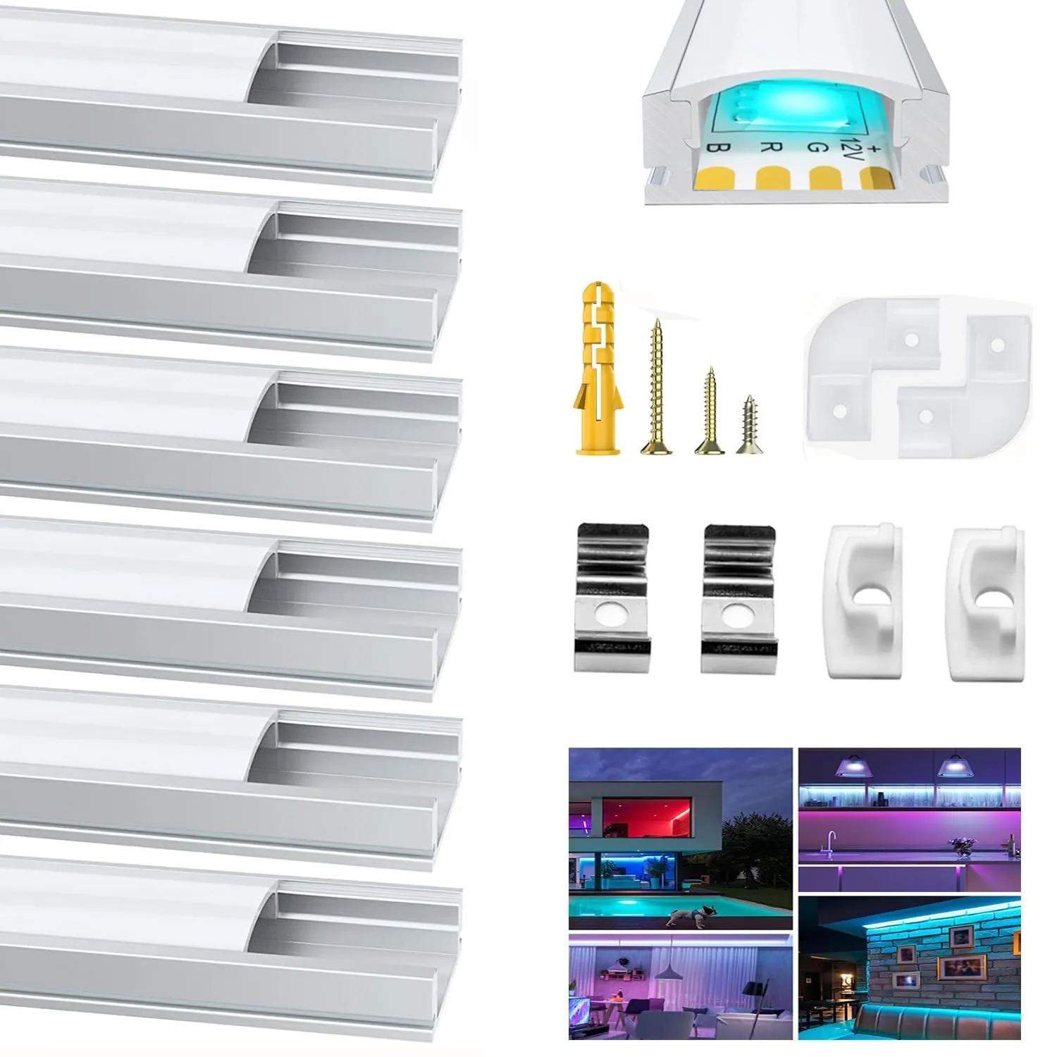 Chesbung LED Aluminium Profil 6x1m, U Form Kanal für LED Streifen/Strips/Band bis 12 mm inkl, Leiste Diffusor Profile m…