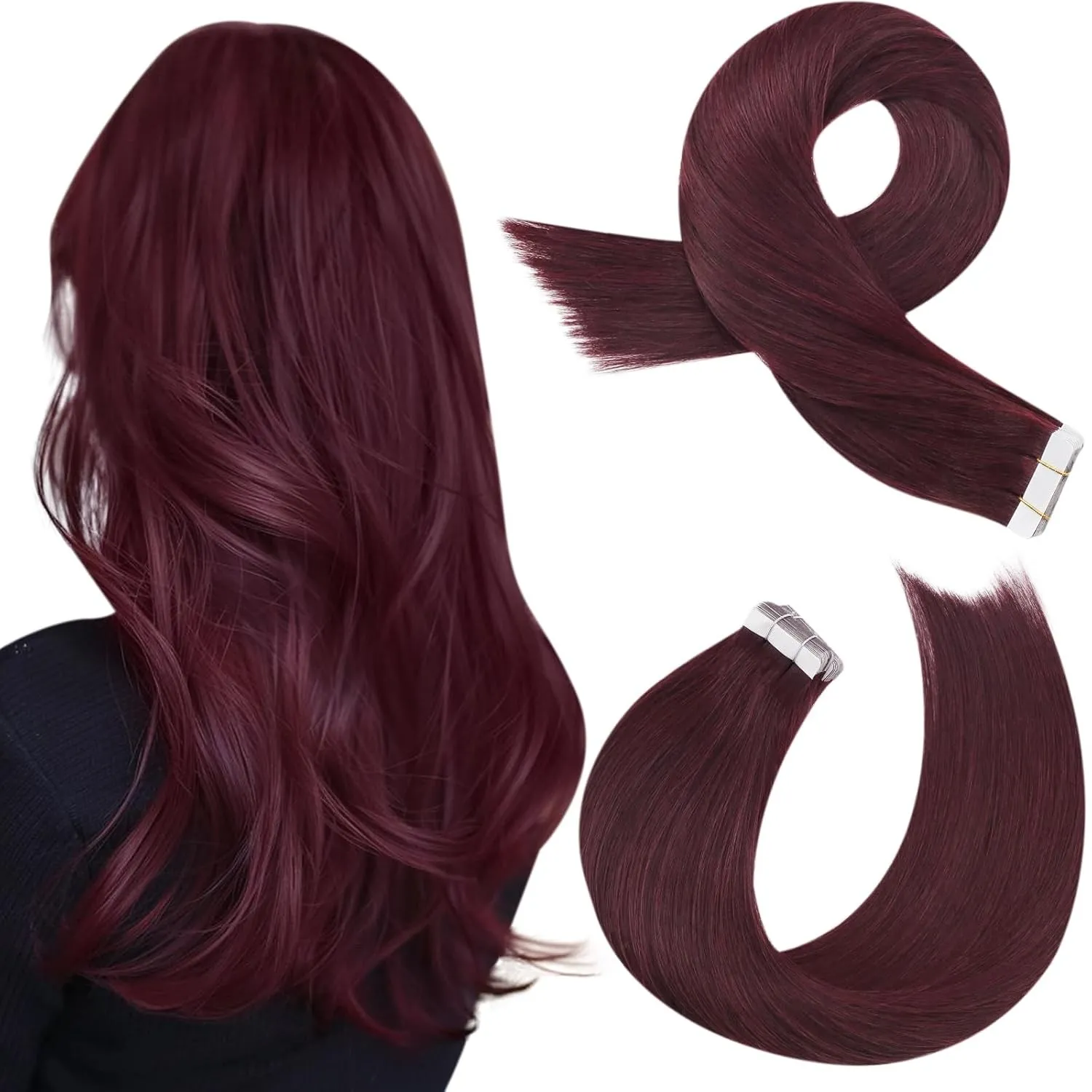 Moresoo Tape Extensions Echthaar Invisible Weinrot 55 cm 20 Stück 50g