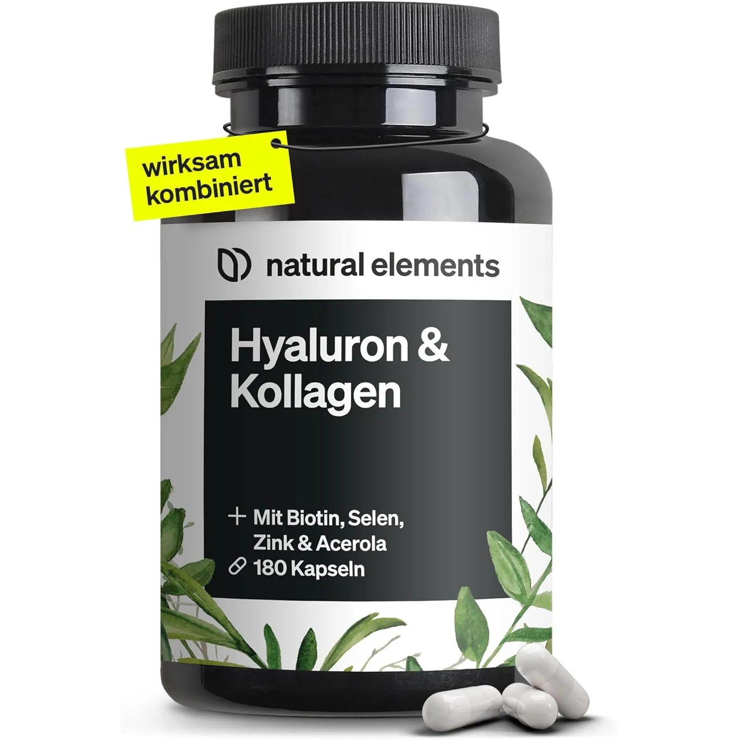 natural elements Hyaluronsäure Kollagen Komplex - 180 Kapseln - Angereichert mit Biotin, Selen, Zink, Vitamin C aus Ace…