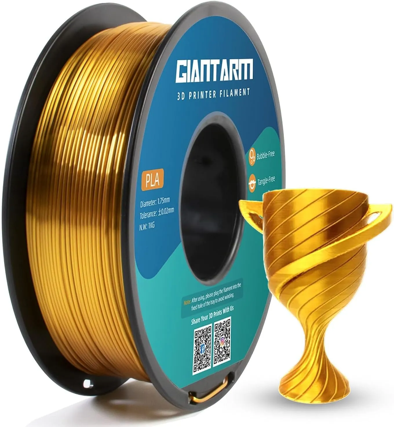 GIANTARM Silk PLA Filament 1.75mm, 3D Drucker Filament PLA 1kg Spule, Silk Gold