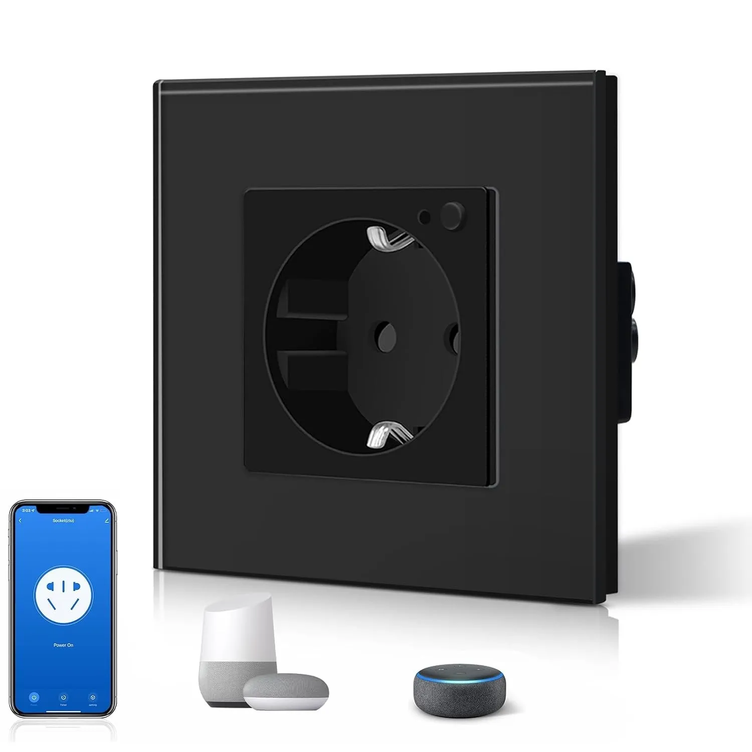 BSEED Schuko Wifi Steckdose 16A Smart Alexa Glassteckdose, 1 Pack 1 Weg Schwarz 86mm Unterputz-Installation APP-Steueru…