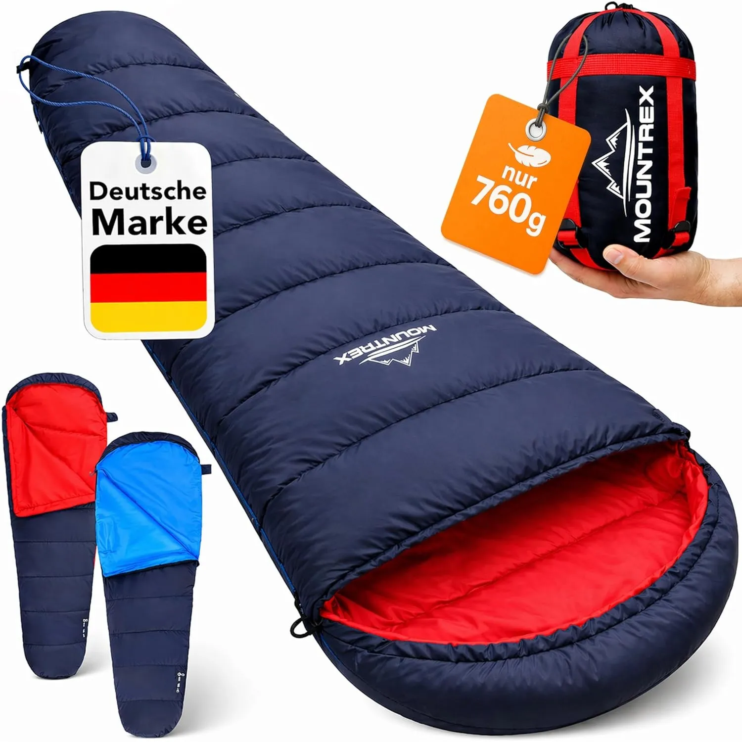 MOUNTREX Schlafsack Winter Sommer - Kleines Packmaß & Ultraleicht (760g/1500g) - Outdoor Camping Sommerschlafsack (100G…