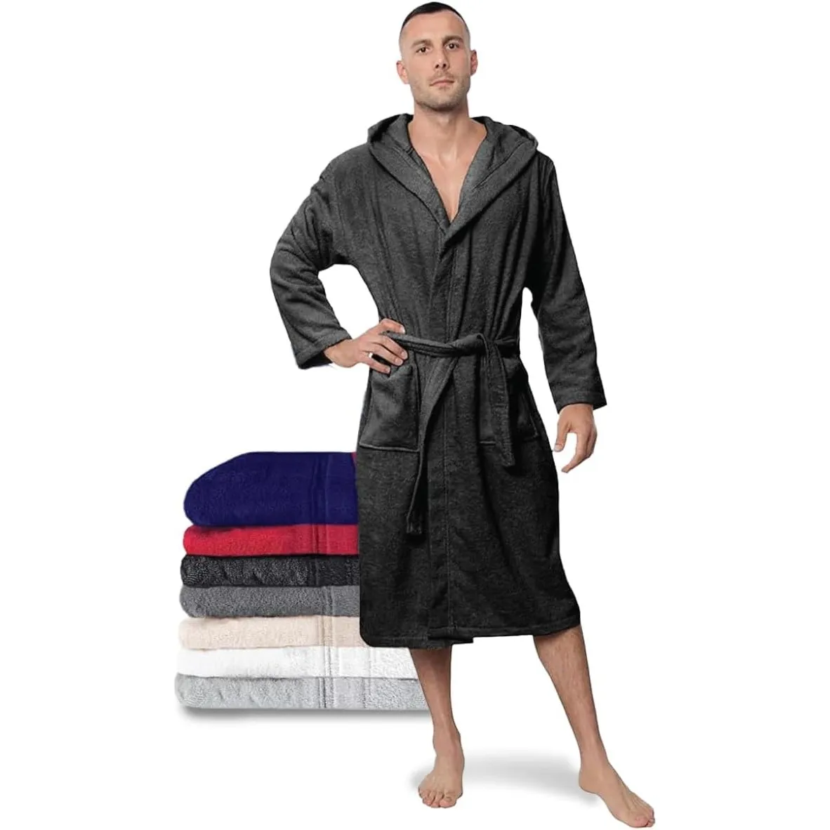 Twinzen Bademantel Herren - 100% Baumwolle (350g/m²) Oeko-TEX® Zertifiziert - Bademantel mit Kapuze, 2 Taschen, Gürtel