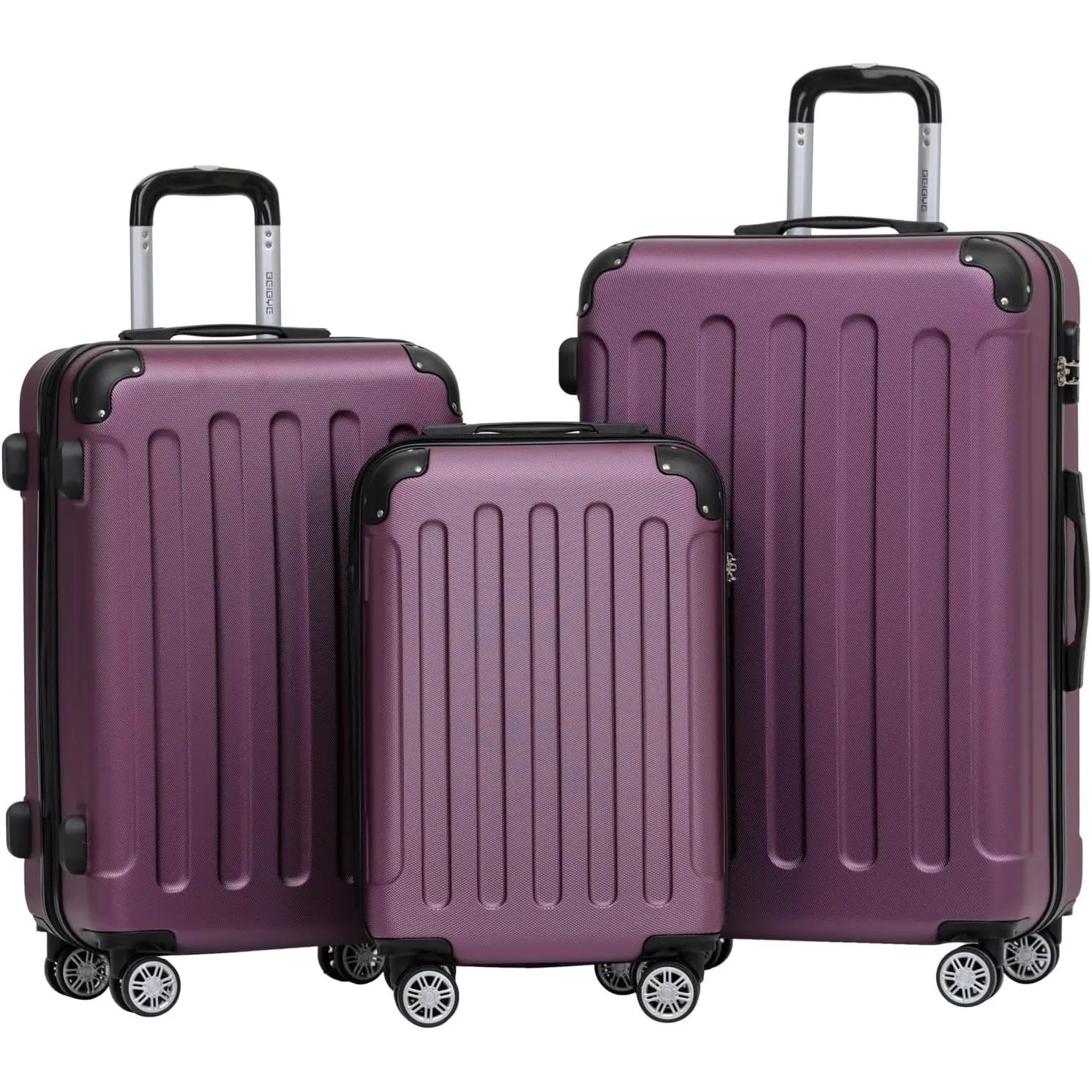 BEIBYE Kofferset 3-teilig – Kabinenkoffer, Reisekoffer und XL-Koffer aus ABS mit Doppelrollen und Zahlenschloss, Violett