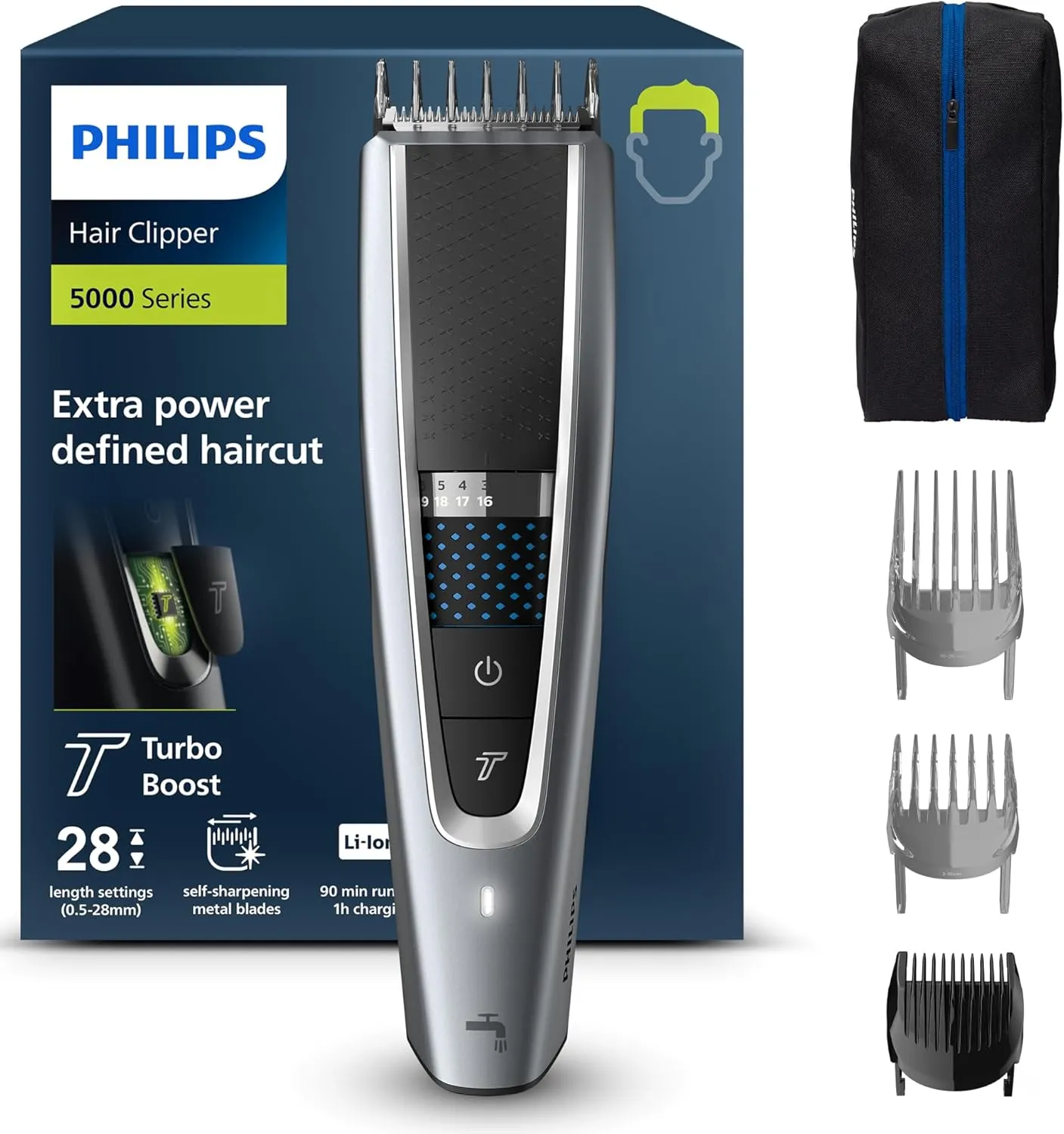 Philips HC5630/15 Haarschneider Series 5000 mit 28 Längeneinstellungen, 3 Kammaufsätzen und Turbo Modus