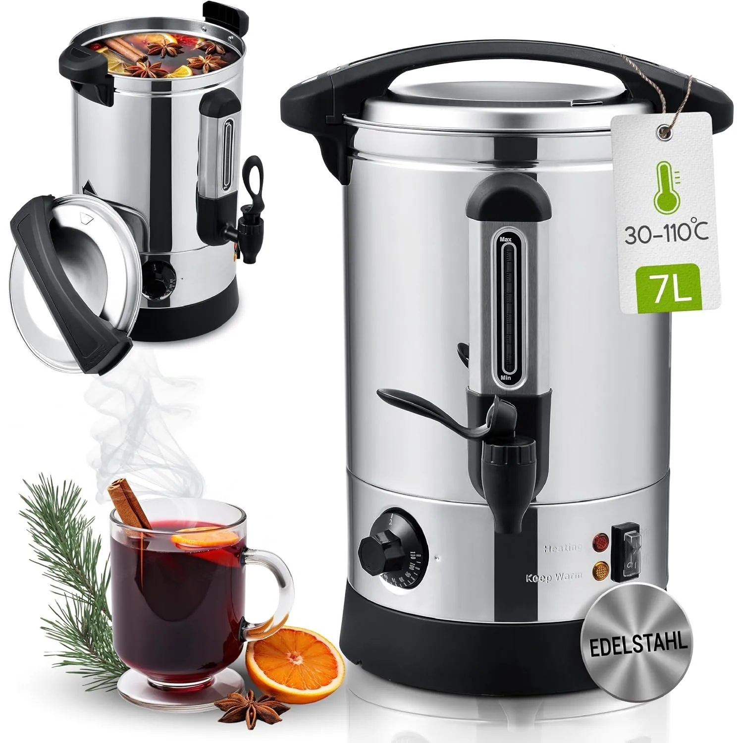 Juskys Glühweinkocher Teramo 7 Liter 1500W mit Zapfhahn, Thermostat & Überhitzungsschutz, 30-110°C, Edelstahl, elektris…