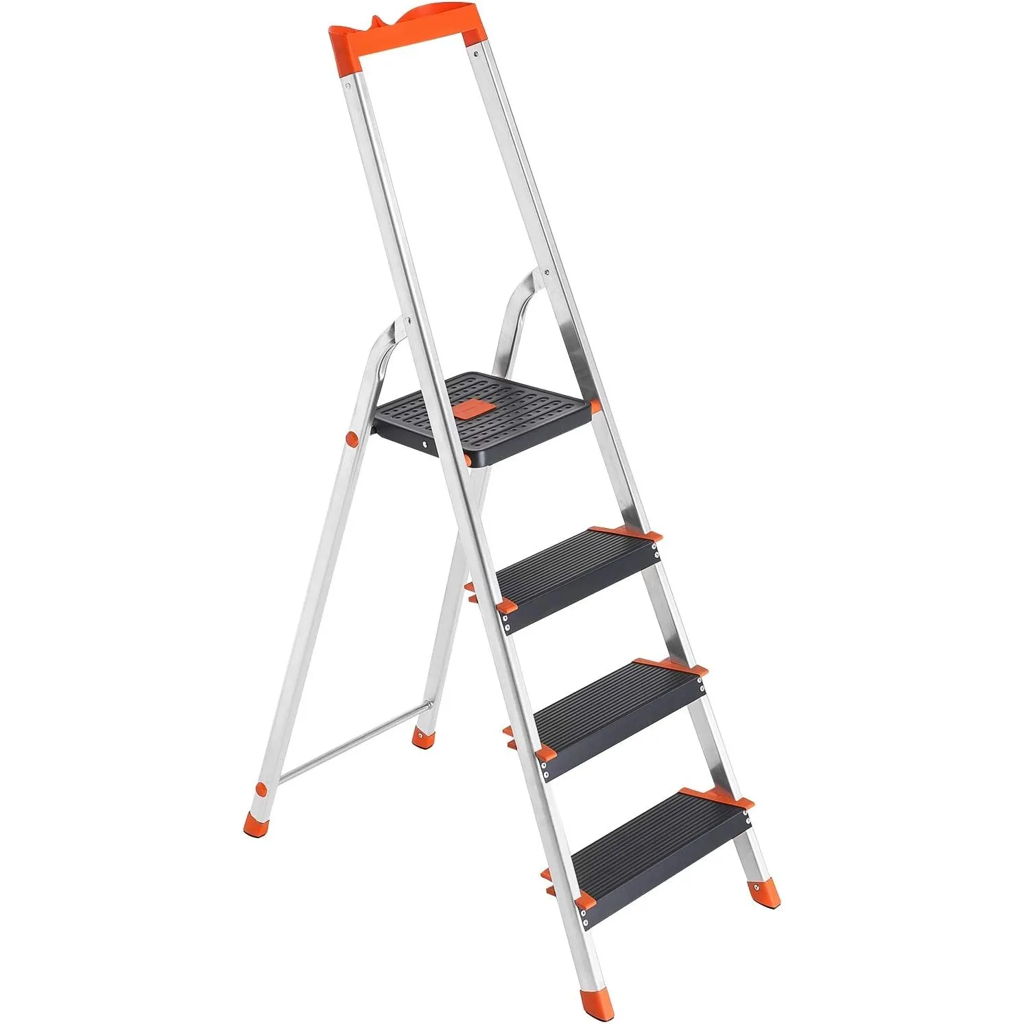 SONGMICS Leiter mit 4 Stufen, Aluleiter, 12 cm breite Stufen mit Riffelung, Anti-Rutsch-Füße, mit Handlauf, Werkzeugsch…