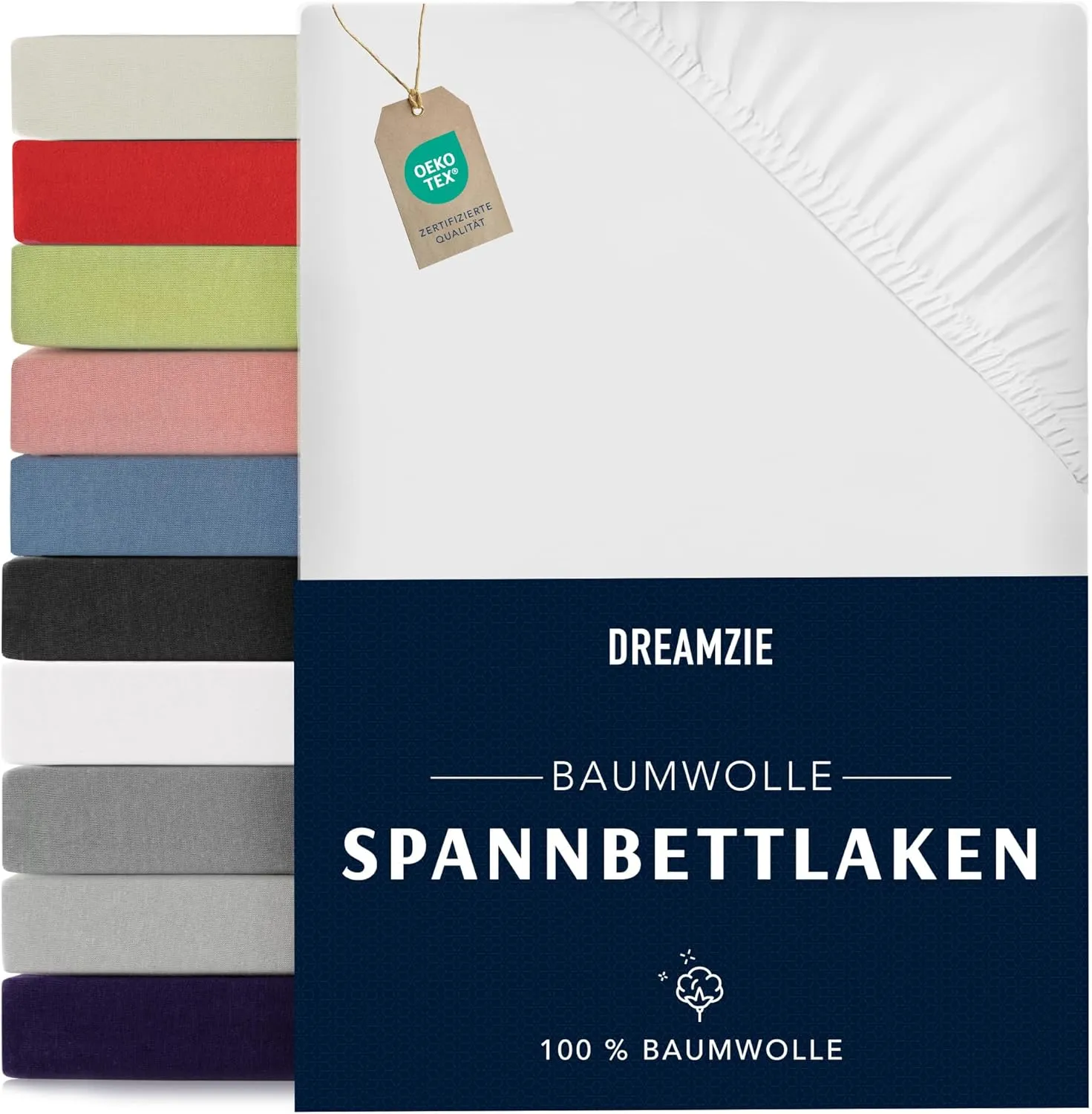 Dreamzie - Spannbettlaken 70x190/200cm - Baumwolle Oeko Tex Zertifiziert - Weiß - 100% Jersey Spannbetttuch 70x190/200