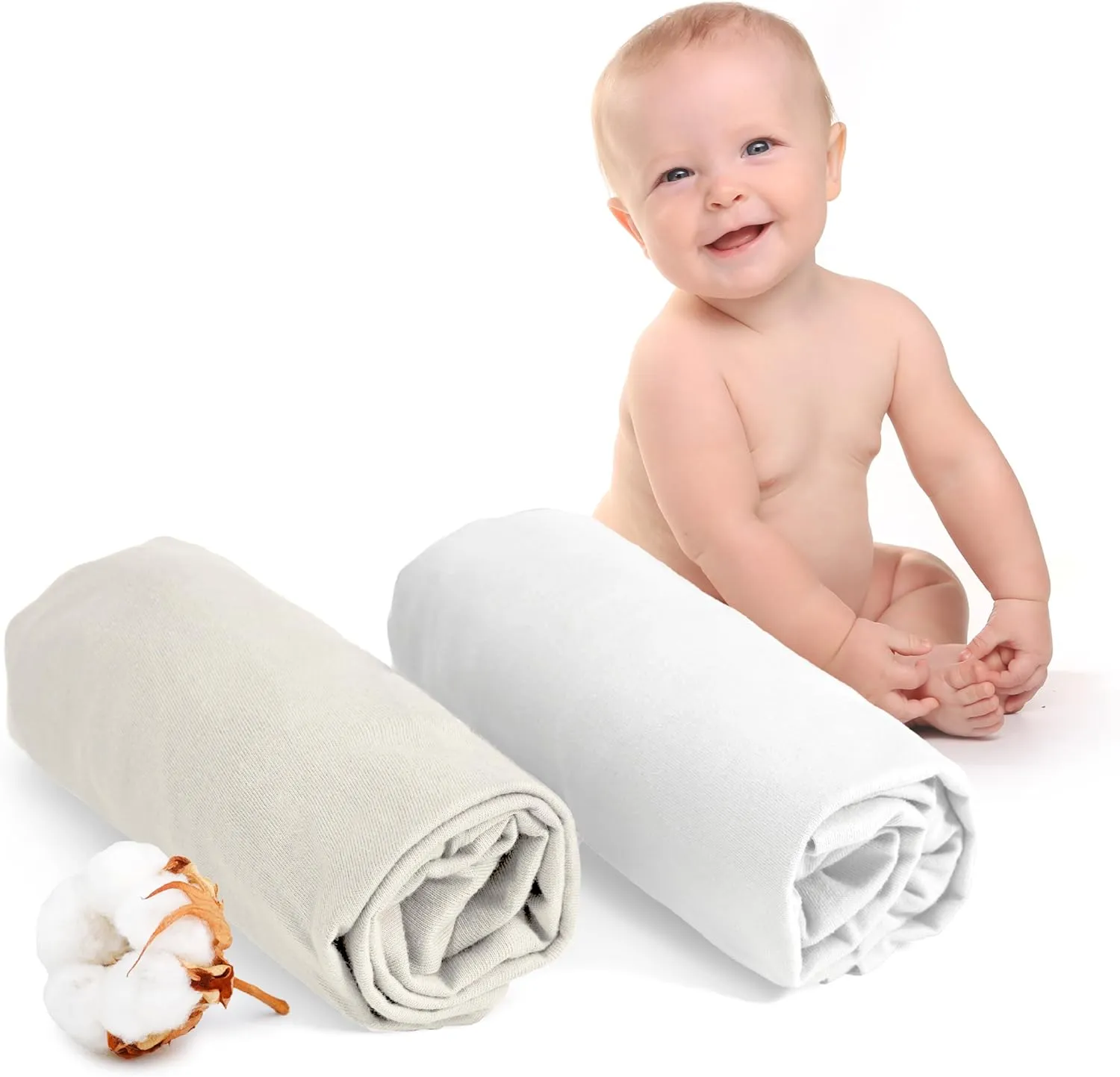 Spannbettlaken 70x140 Baby 2er Pack - Baumwolle Oeko Tex Zertifiziert - Weiß und Beige - 100% Jersey Spannbetttuch 70x140cm