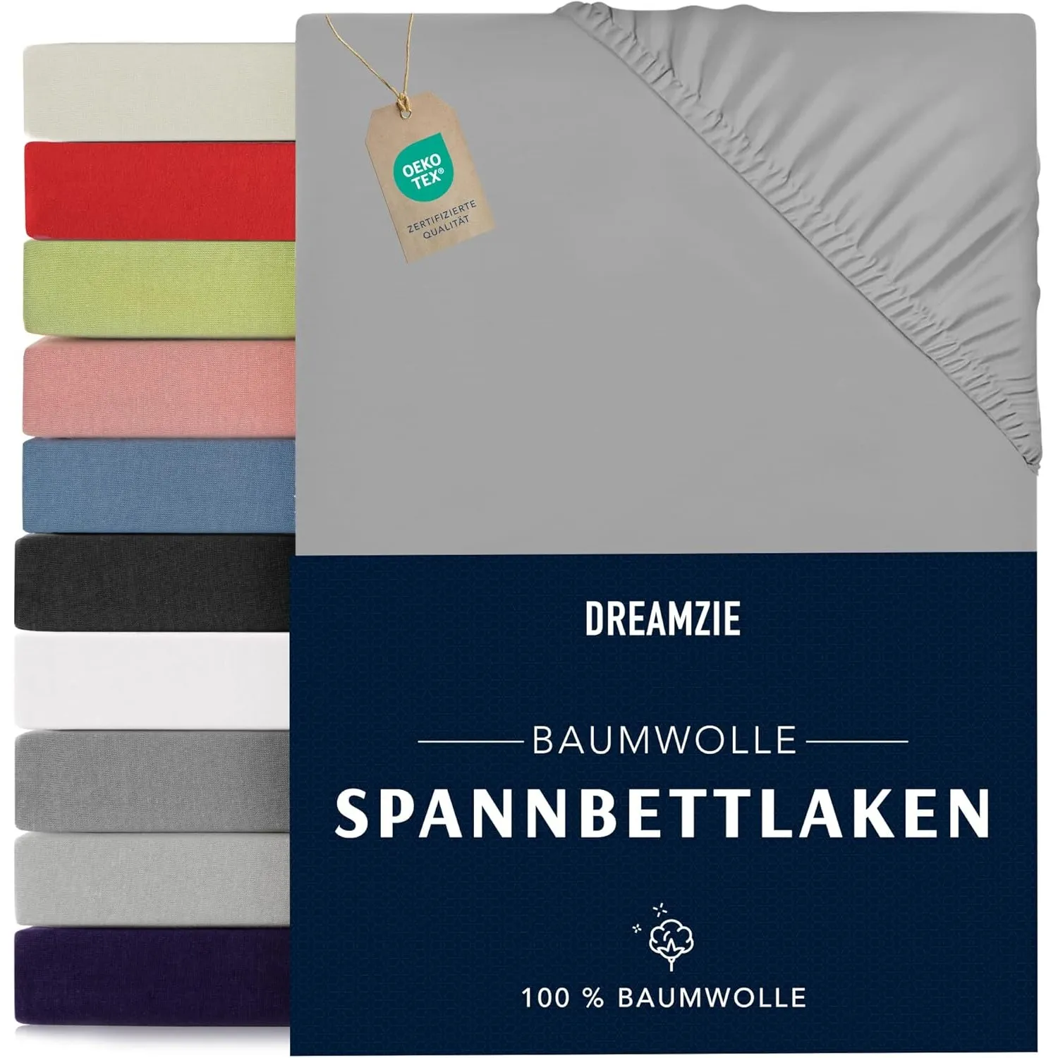 Dreamzie Spannbettlaken, 200 x 200 cm Grau - Baumwolle Jersey | Elastisch · Mit Rundumgummi · Oeko-Tex zertifiziert