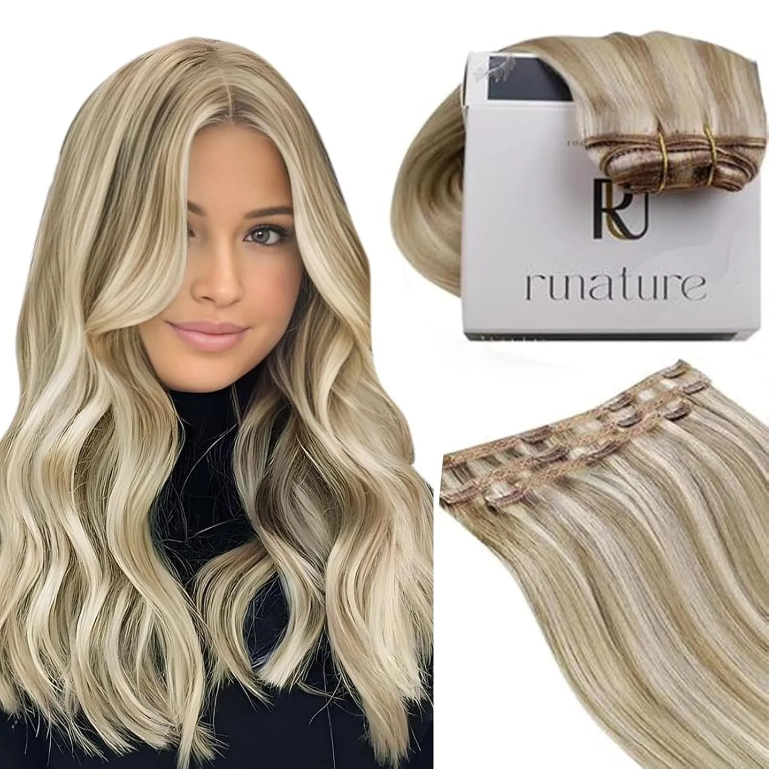 RUNATURE Clip in Extensions Echthaar Braun Mit Blond 30cm 3pcs 60g #8P60