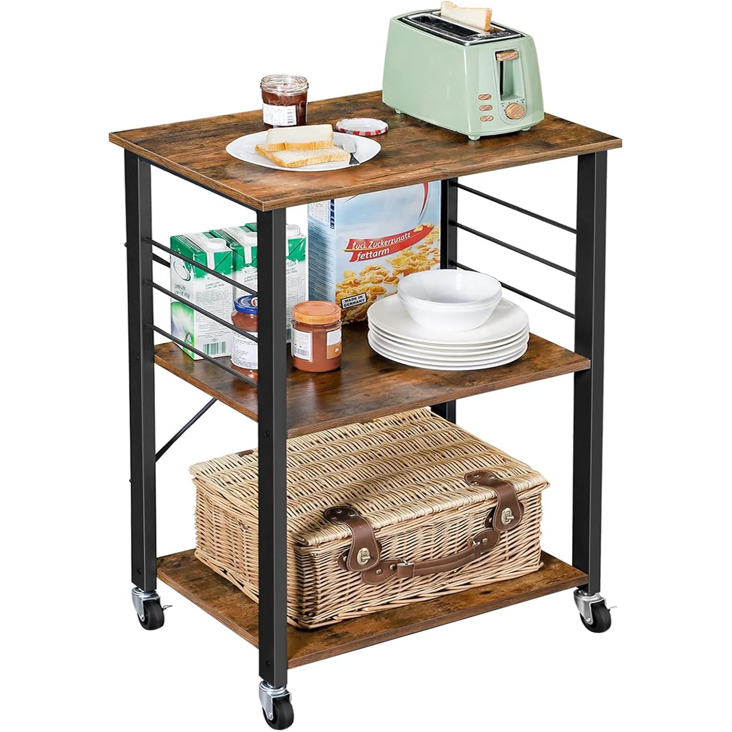 VASAGLE Küchenregal auf Rollen, Servierwagen, 3 Ebenen, Küchenwagen, für Mini-Backofen, Mikrowellen, Metallrahmen, 6 Ha…