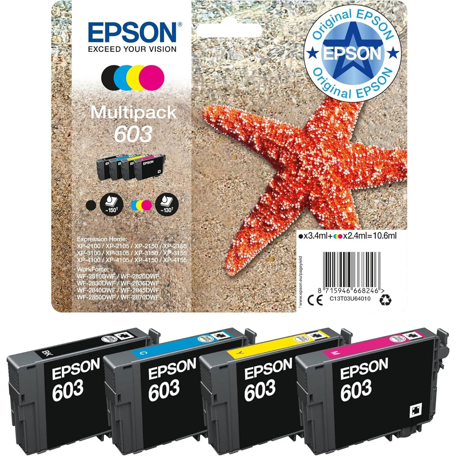 Epson Original 603 Tinte Seestern Multipack 4-farbig Standard, WF-2820DWF WF-2830DWF WF-2840DWF WF-2850DWF XP-2100 XP-2…