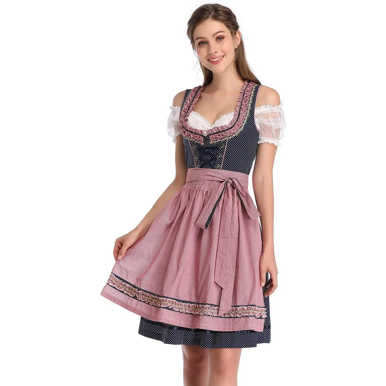 KOJOOIN Trachtenkleid Damen Dirndl Kurz Midi 3tlg. für Oktoberfest-DREI Teilig: Kleid, Bluse, Schürze