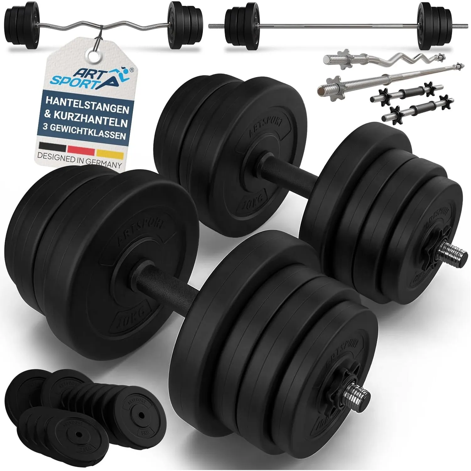 ArtSport® 3in1 Hantelset mit 2 Kurzhanteln, 1 Langhantel & 1 SZ Curlhantel - 12 Gewichte mit 60kg und Sternverschlüssen…