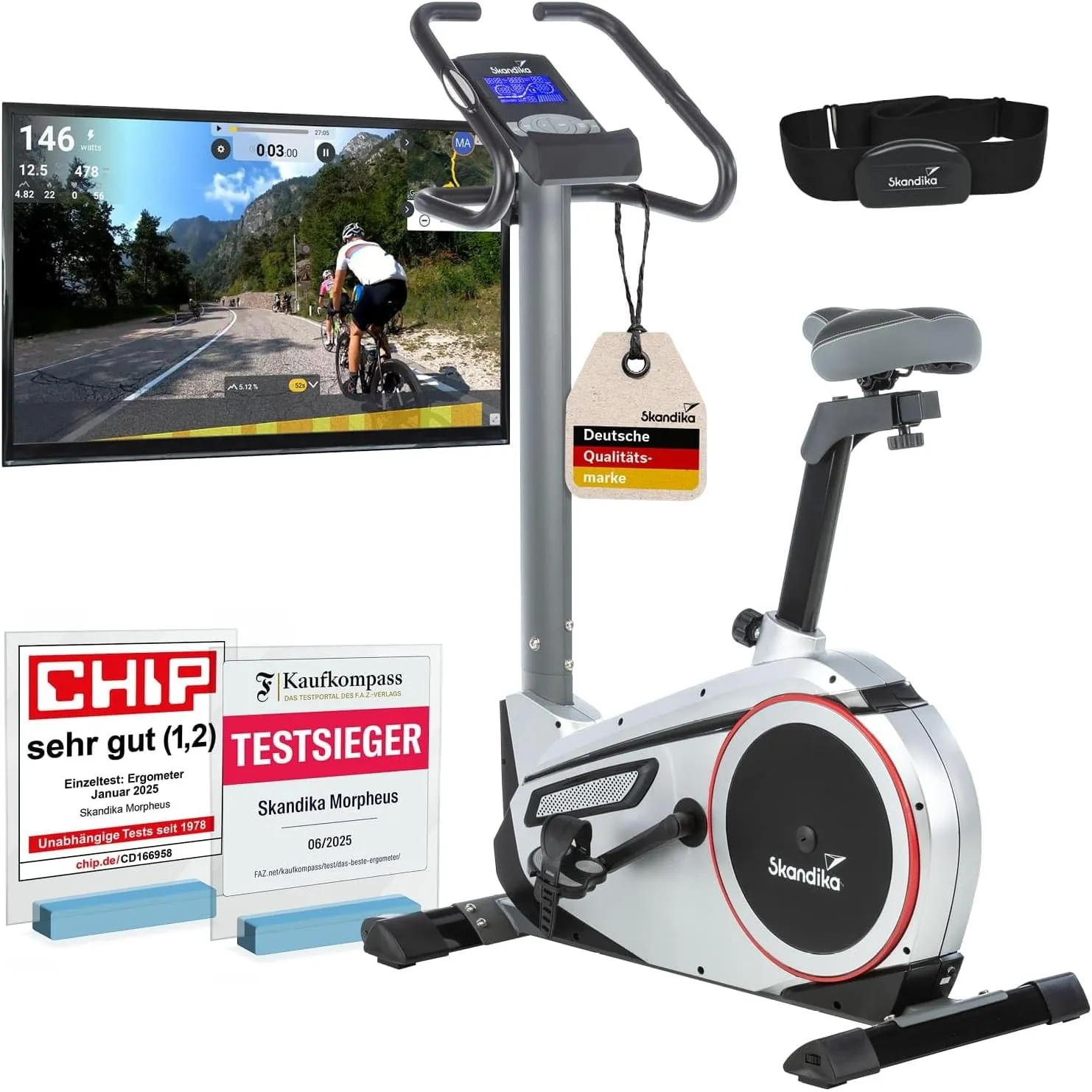 Skandika Ergometer Morpheus | Heimtrainer für Zuhause, 12 kg Schwungmassensystem, 32 Levels, 24 Programme, App Kompatib…