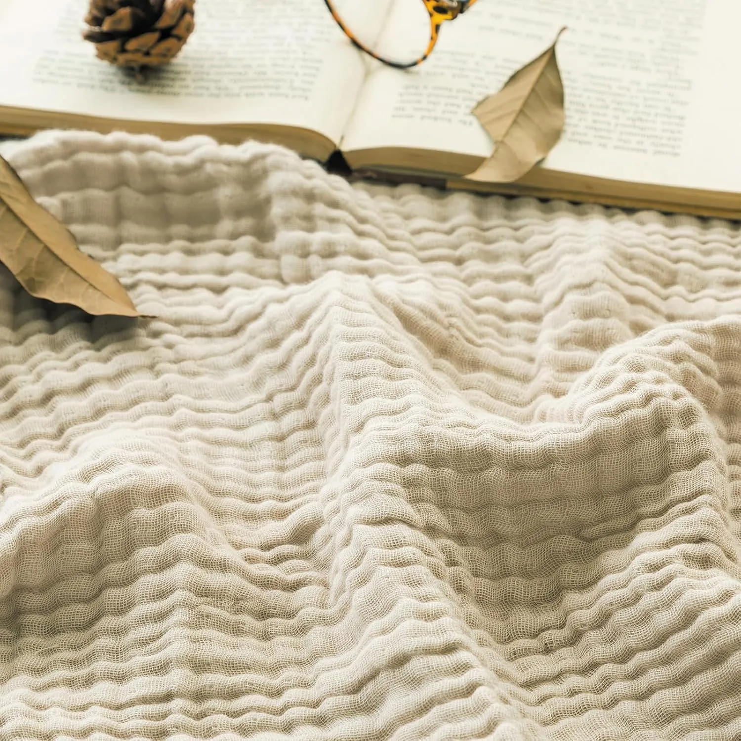 EMME Musselin-Decke 150x200 Baumwolle Oeko-TEX Erwachsene Tagesdecke,Beige | Sommer-Überwurf Decken Für Couch Atmungsak…