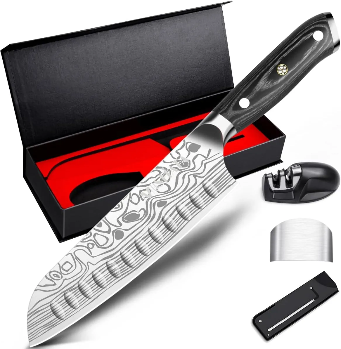 MOSFiATA Santoku Messer 18cm Küchenmesser Scharf Kochmesser aus hochwertigem EN 1.4116 Edelstahl mit Ergonomischer Holz…