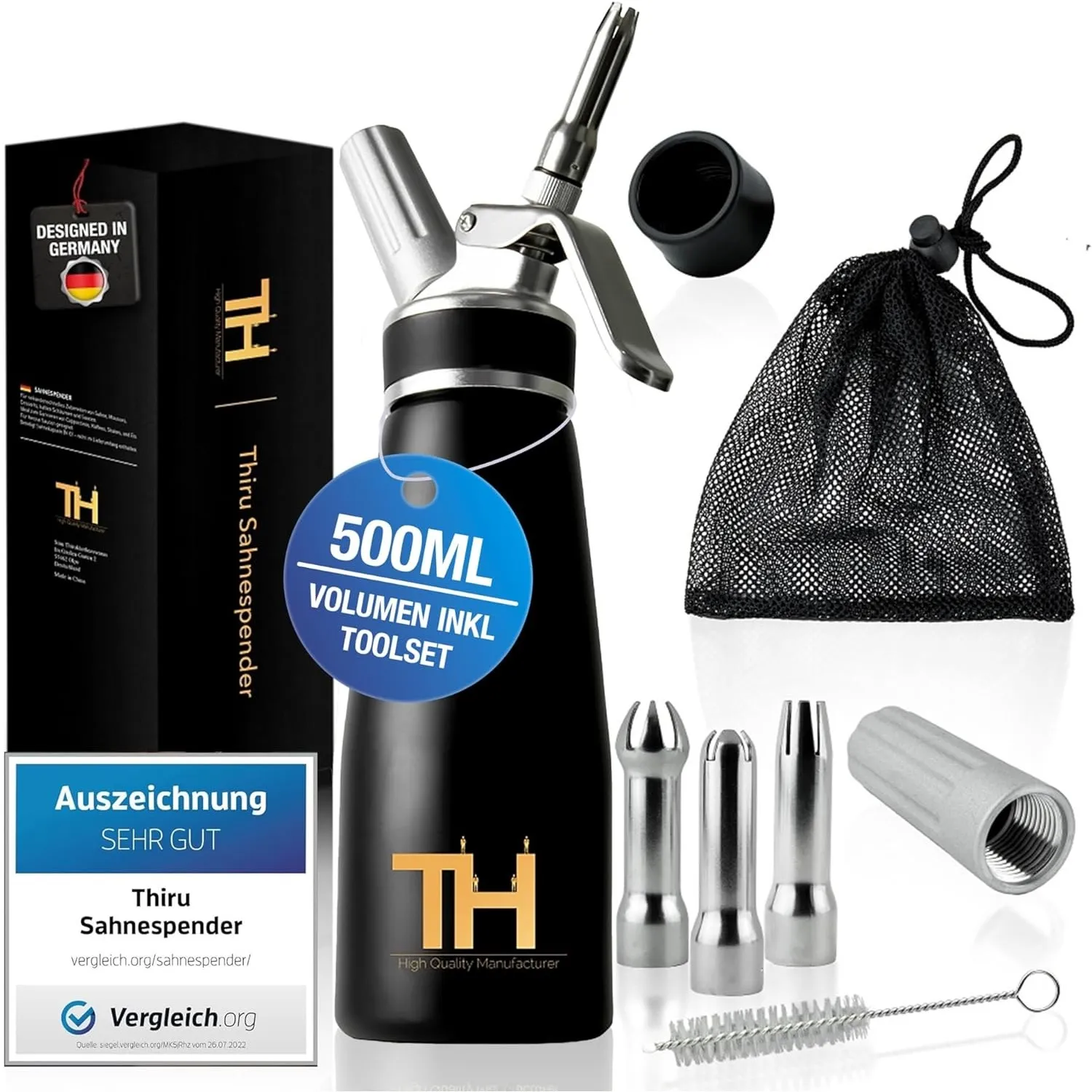 Thiru Sahnespender inkl.Toolbox - Note "sehr gut" - 100 Tage testen - Sahnesyphon mit eBook & 3 Edelstahl Tüllen - Sahn…