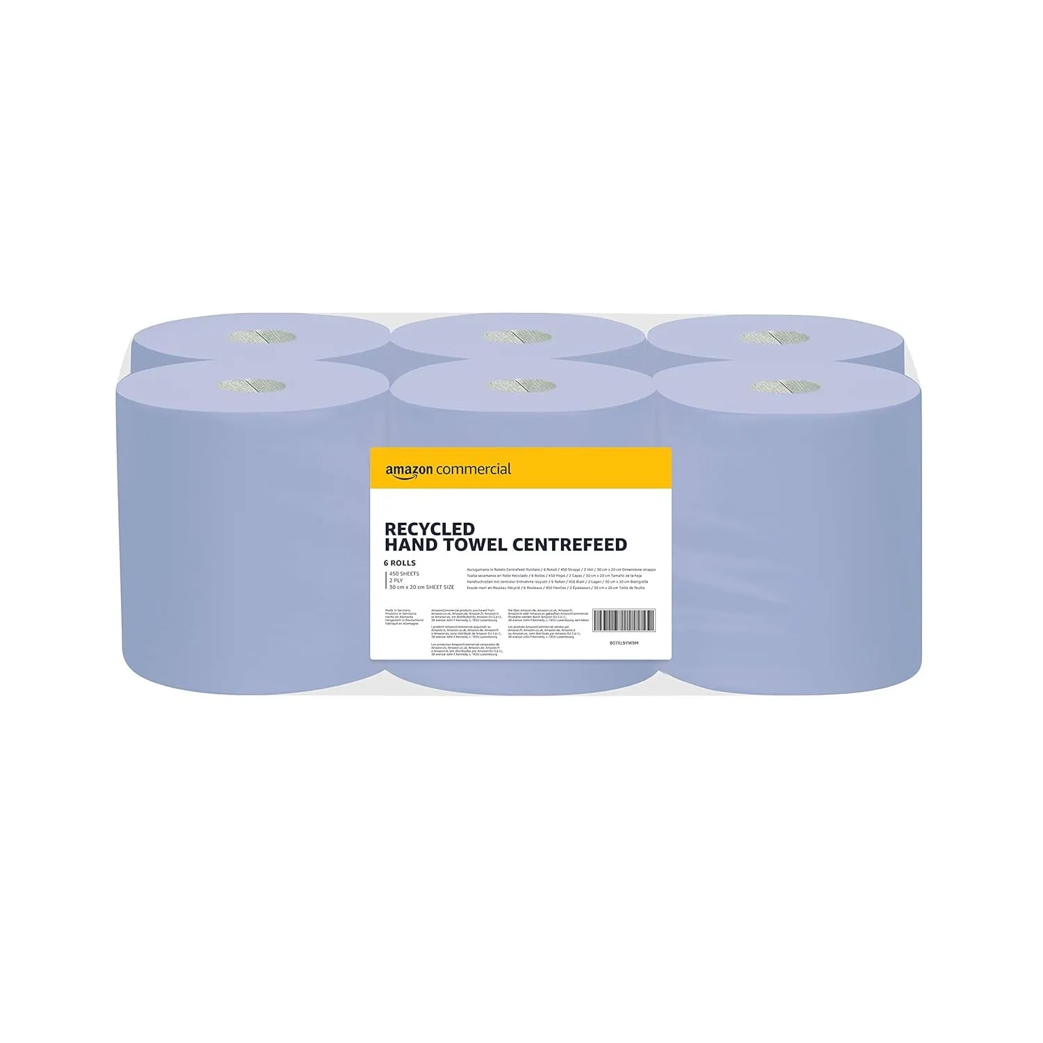 AmazonCommercial XL Mehrzweck-Wischpapier, 2-lagig, mit Zentralentnahme, blaue Recyclingrolle, 6 Rollen (1 Packung), 45…