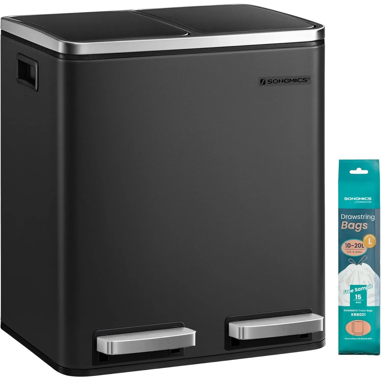SONGMICS Mülleimer Küche, 2 x 15 Liter, Mülltrennsystem 2 Fächer