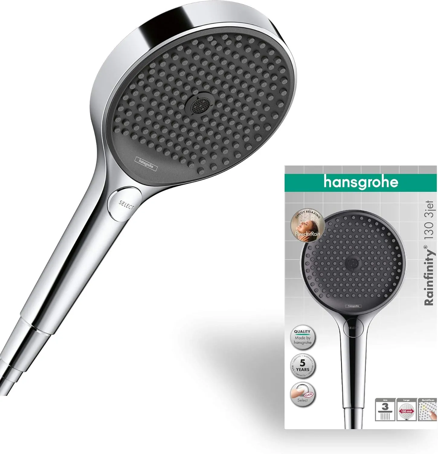 hansgrohe Rainfinity - Duschkopf, Handbrause mit 3 Strahlarten, runde Duschbrause (⌀ 130 mm), Brausekopf mit Antikalk-F…