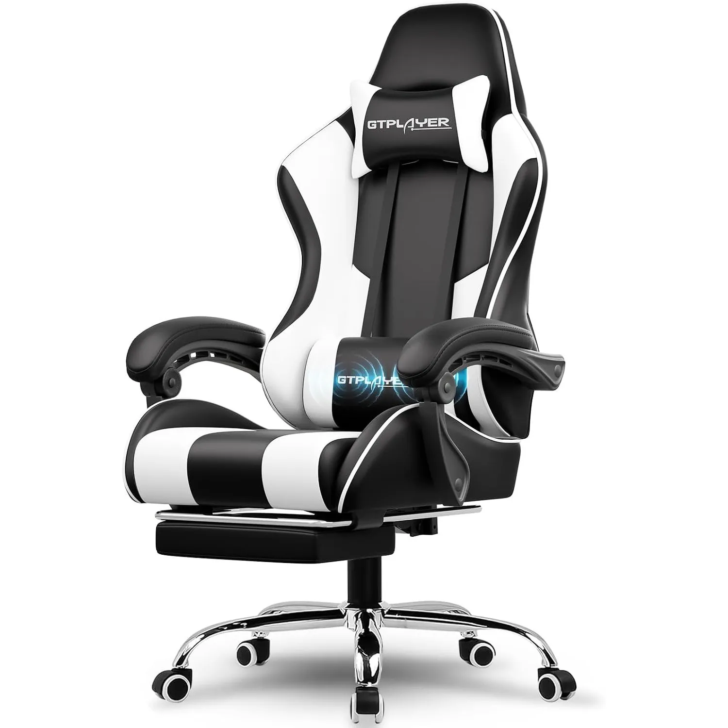 GTPLAYER Gaming Stuhl Bürostuhl Massage Gaming Sessel Ergonomischer Gamer Stuhl mit Fußstütze, Kopfstütze Massage-Lende…