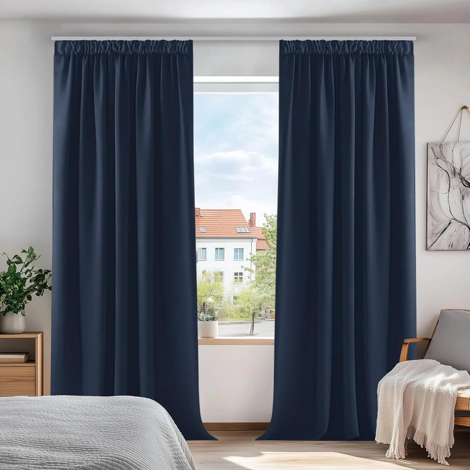 Deconovo Blickdicht Vorhänge Verdunkelungsgardinen mit Kräuselband Thermovorhang, 220x140cm(HöhexBreite), Dunkelblau, 2…